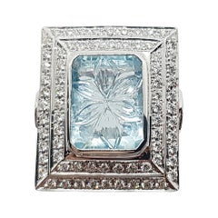 Carved Aquamarine with Diamond Ring Set in 18 Karat White Gold Settings