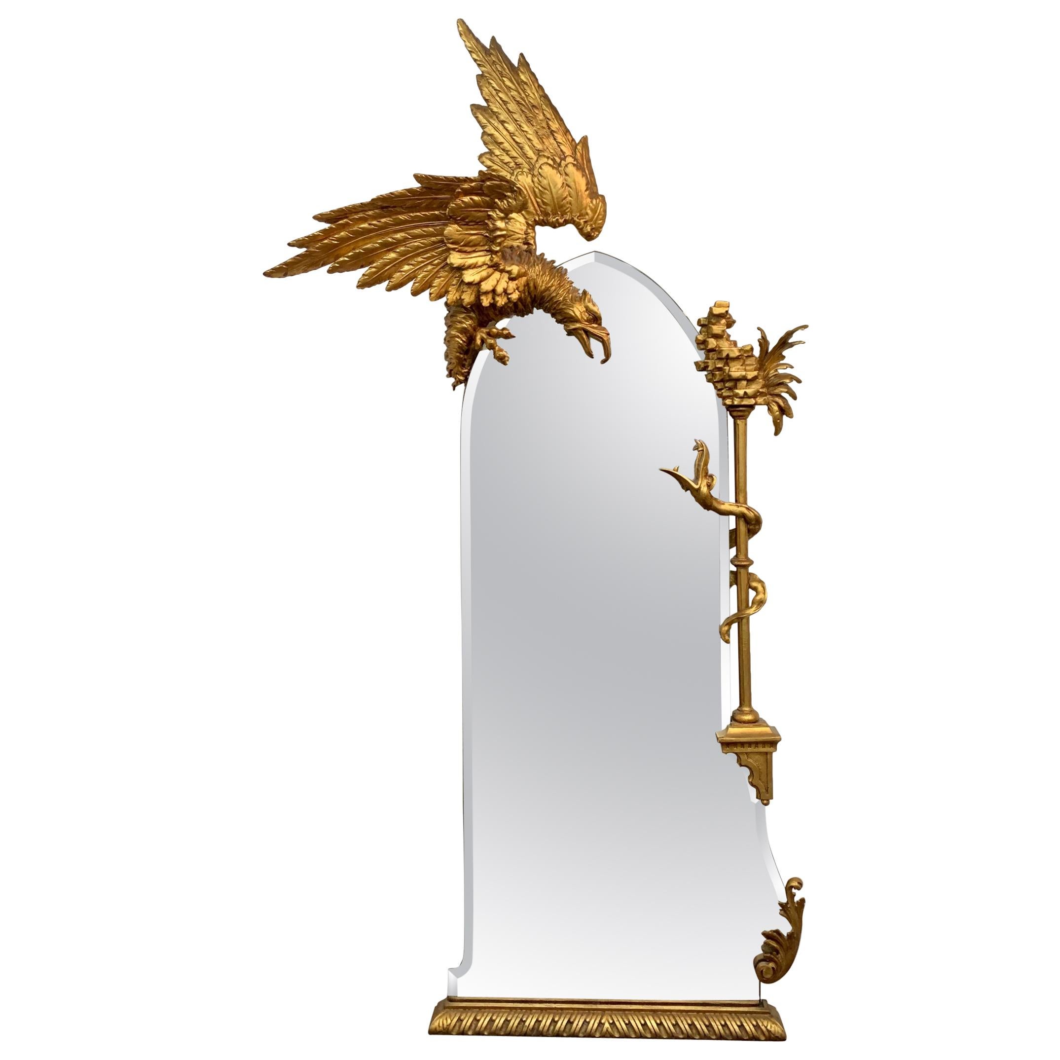 Carved Ar Nouveau Large Wall Mirror with Brass Eagle Descending