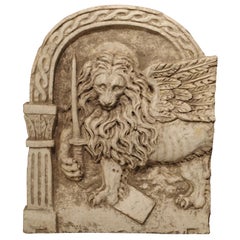 Carved Arched Marble Lion Plaque Representing the Winged Lion of Venice