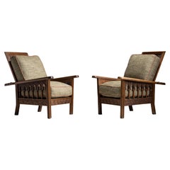Carved Armchairs in Olive Linen Blend by Christopher Farr, England circa 1890