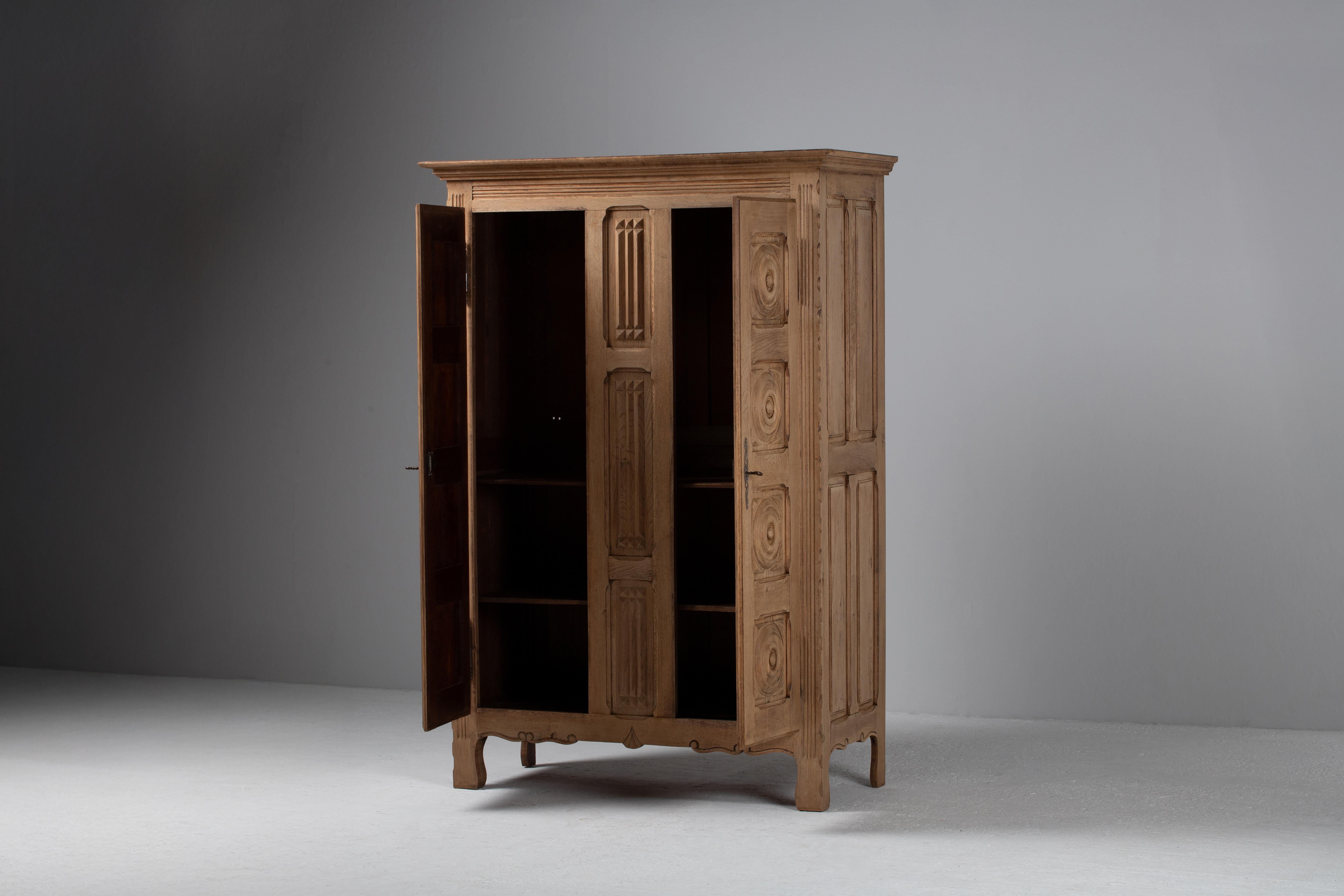 French Carved Armoire in Bleached Oak, France, 1940s For Sale