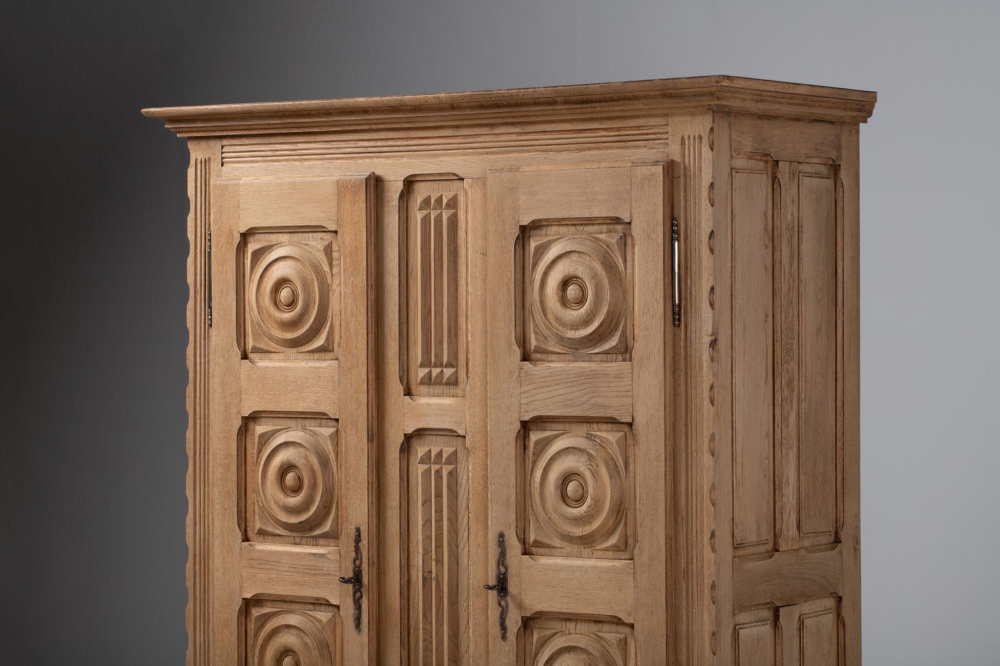 Mid-Century Modern Carved Armoire in Bleached Oak, France, 1940s For Sale