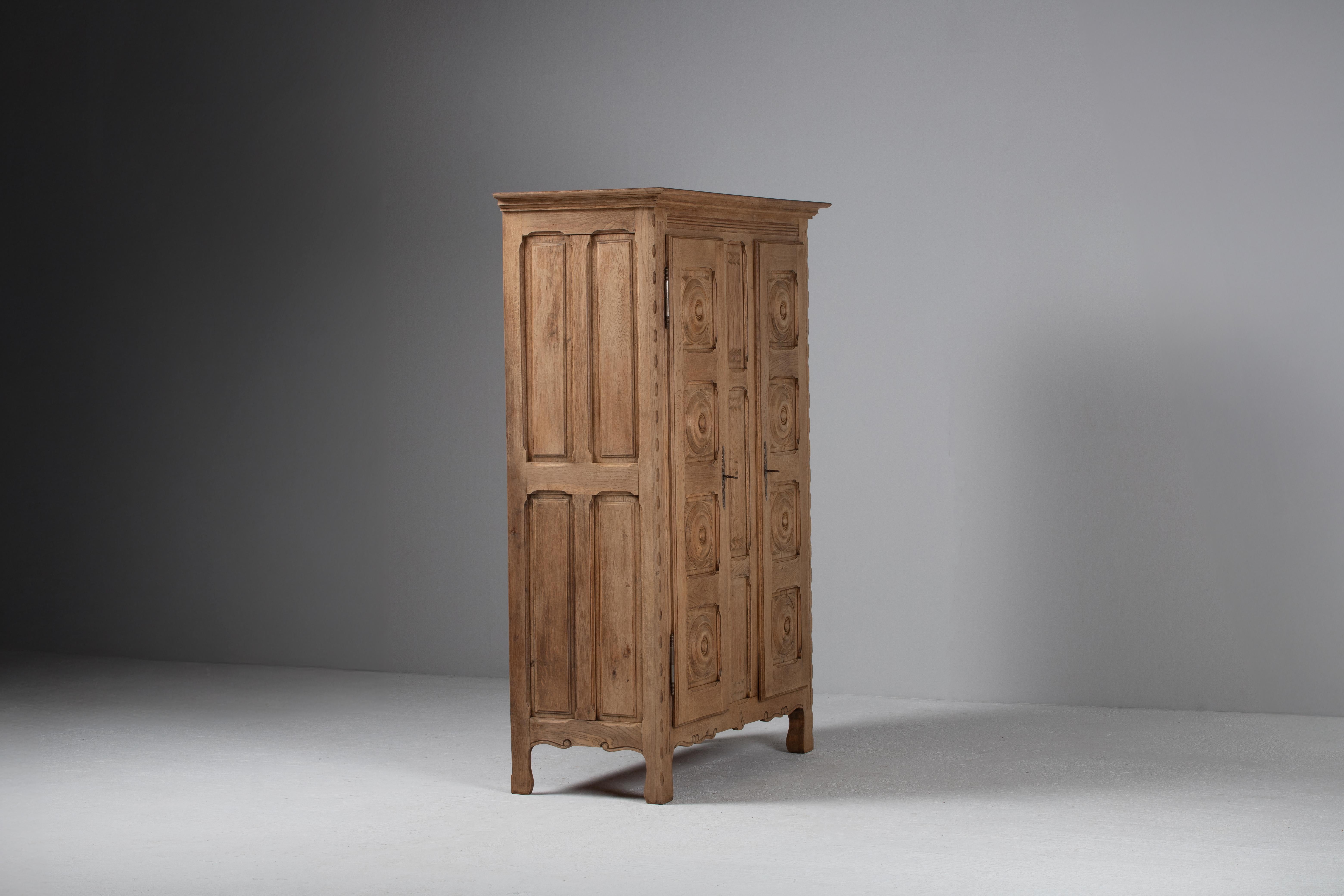 Mid-20th Century Carved Armoire in Bleached Oak, France, 1940s For Sale