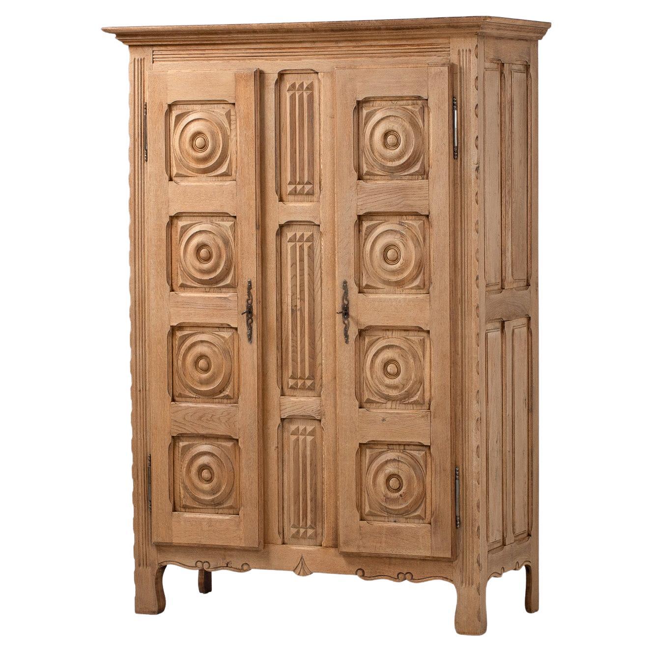 Carved Armoire in Bleached Oak, France, 1940s For Sale
