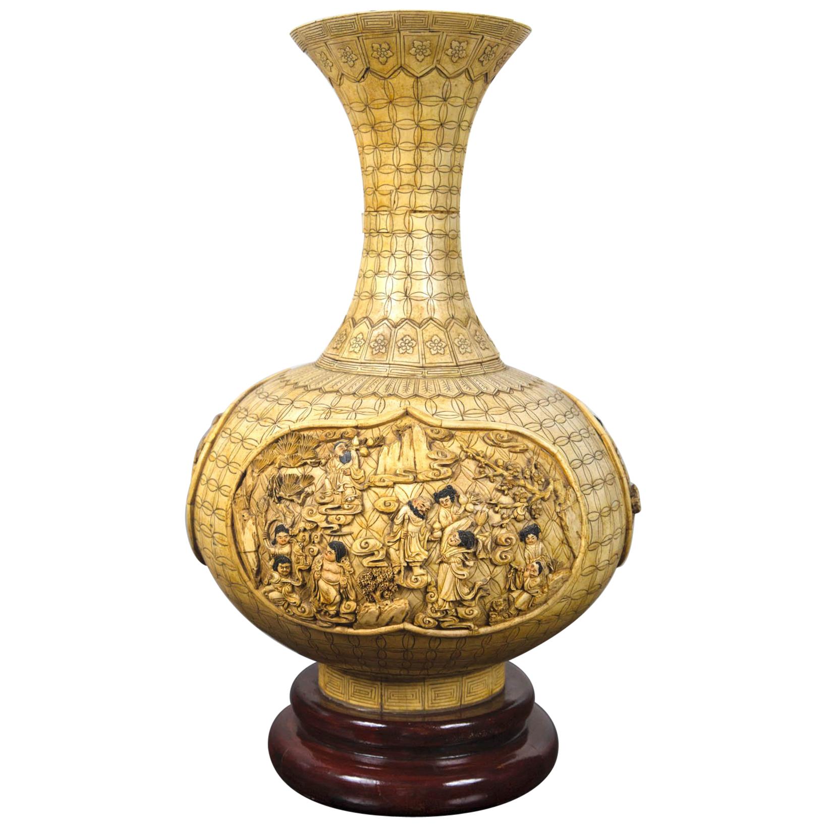 Carved Asian Bone Vase For Sale
