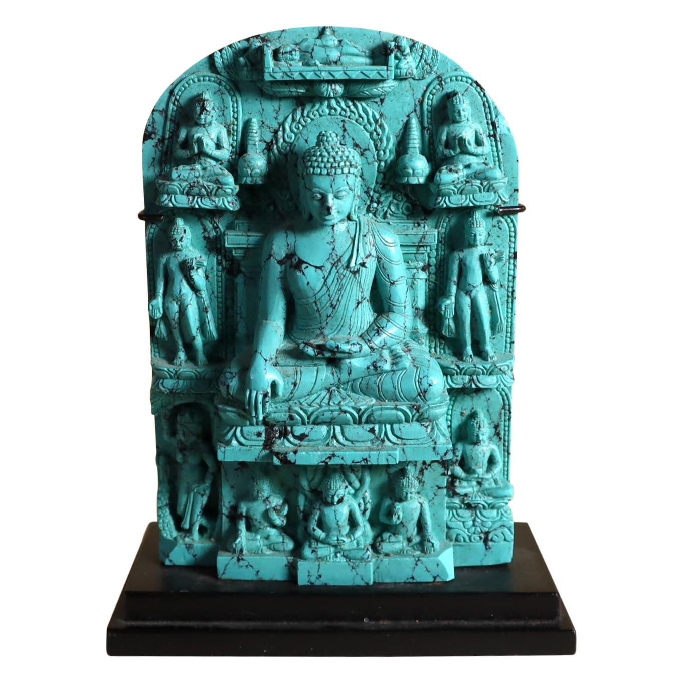 Carved Asian Polished Turquoise Plaque Life of the Buddha with Stand Asian Art For Sale