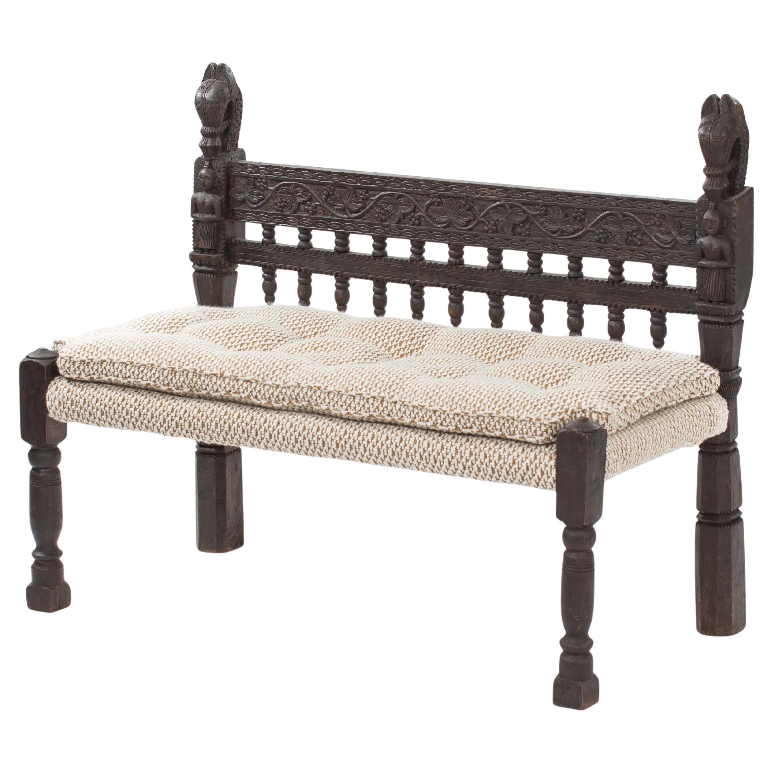 Carved Asian Wooden Bench / Settee Floral Decoration Elements Myanmar 1920s