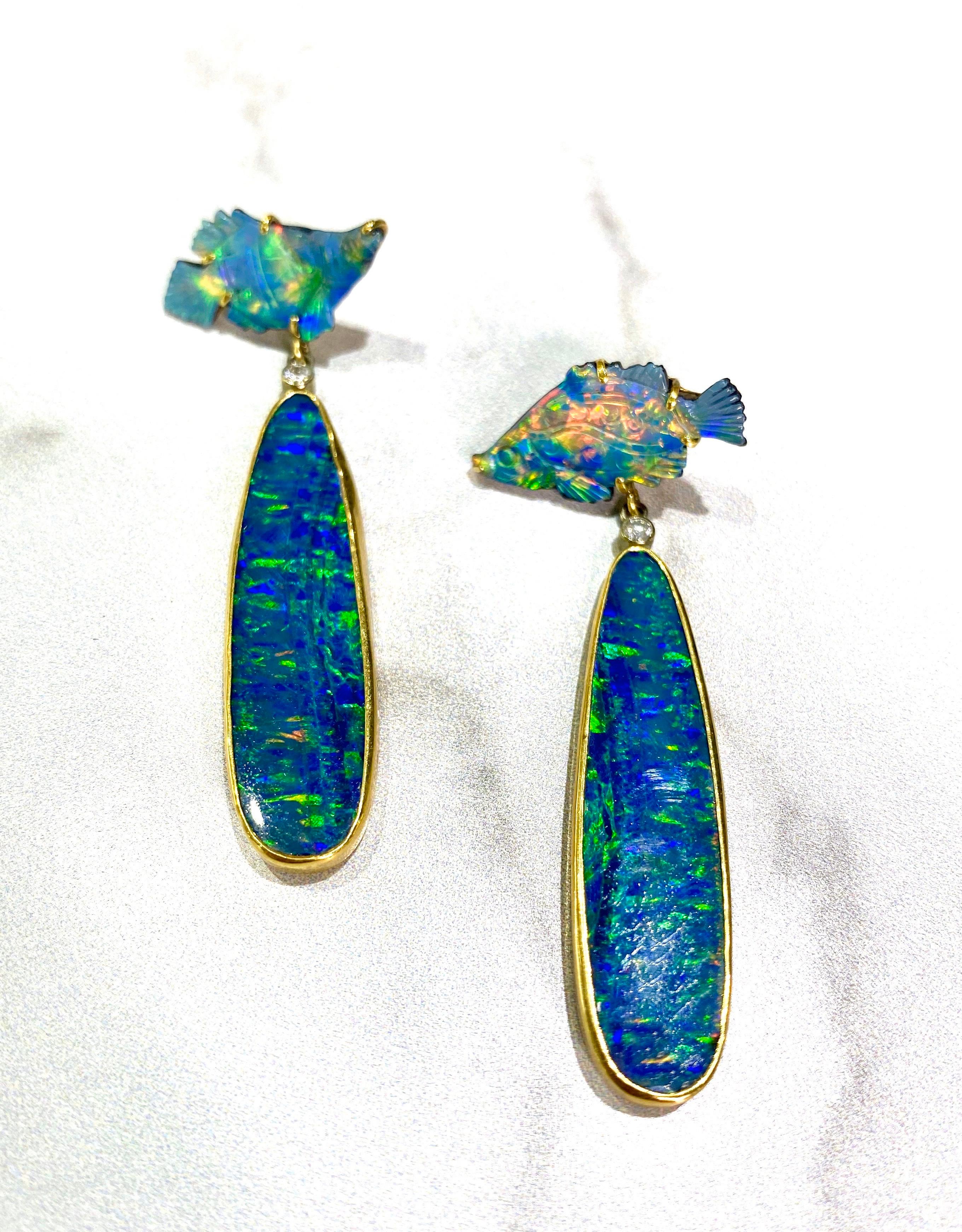 Brilliant Cut Carved Australian Boulder Opal and Diamond Earrings, 18k Yellow Gold For Sale