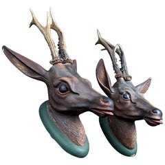 Carved Austrian Roe Deer Heads, circa 1880