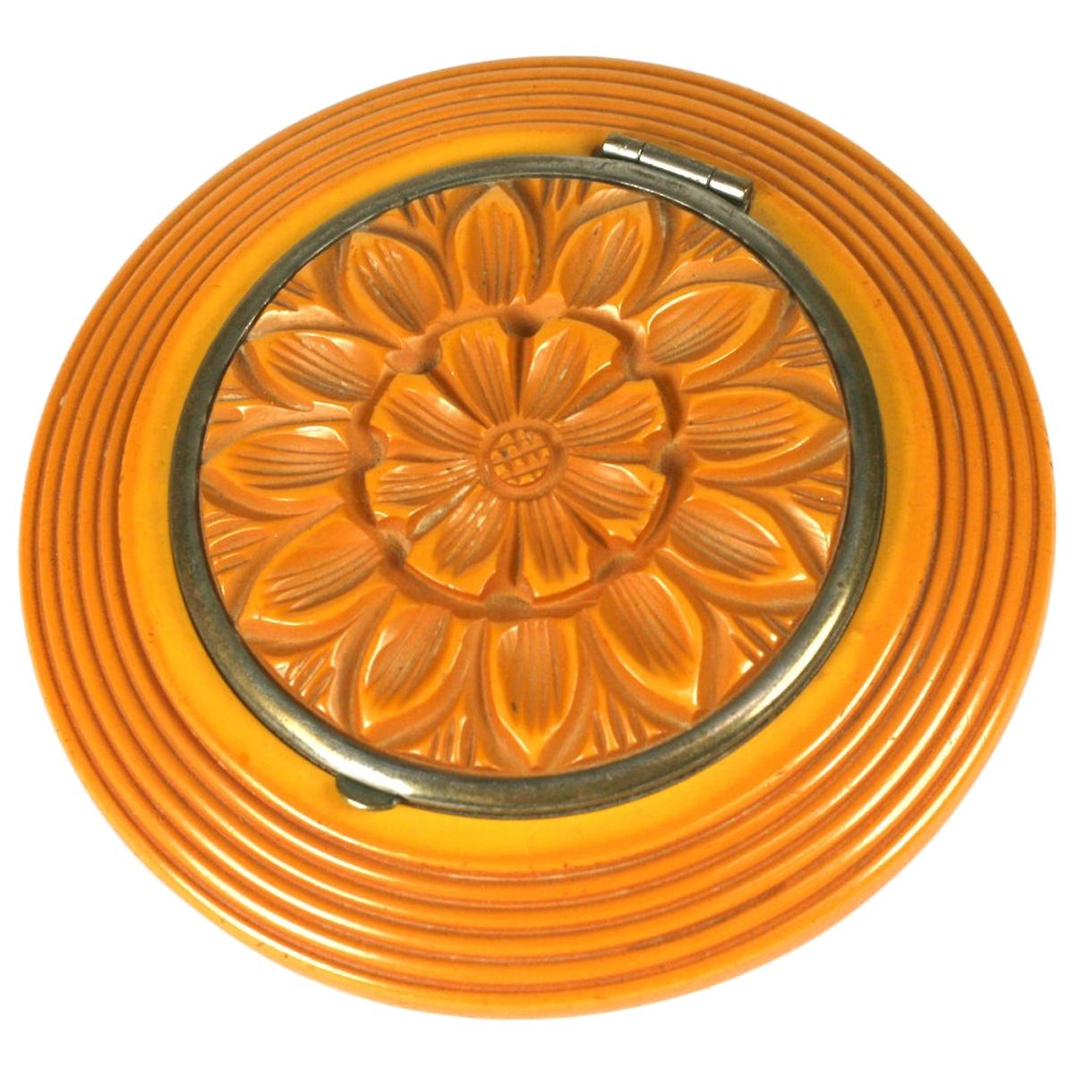 Carved Bakelite Art Deco Compact For Sale