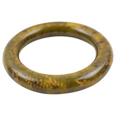 Carved Bakelite Bracelet Bangle Asparagus Green and Black Marble