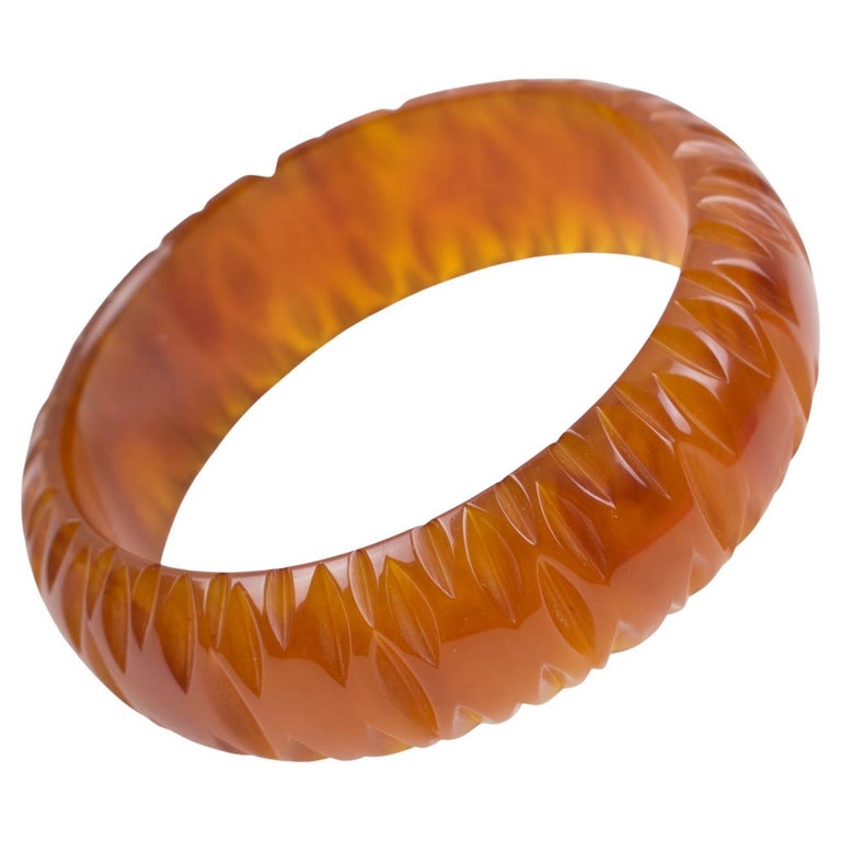 Carved Bakelite Bracelet Bangle Cinnamon Brown Marble Color For Sale at