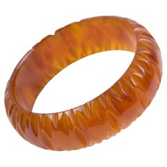 Vintage Carved Bakelite Bracelet Bangle Cinnamon Brown Marble Color