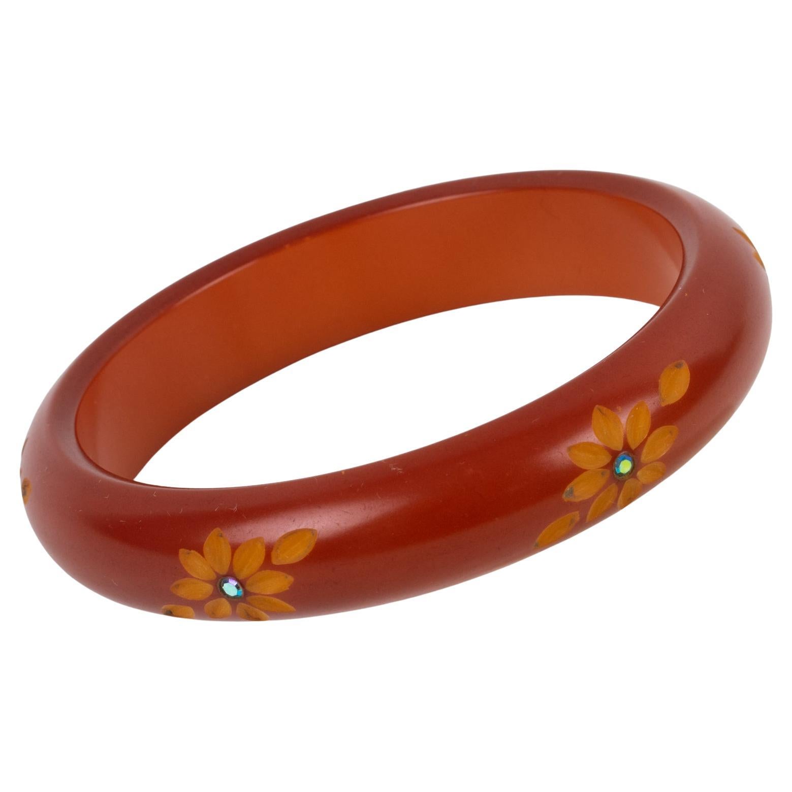 Carved Bakelite Bracelet Bangle Red Rust Color with Rhinestones For Sale