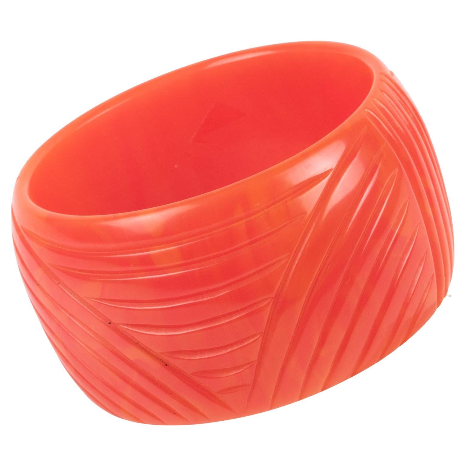 Carved Bakelite Bracelet Bangle Tequila Sunrise Pink Marble For Sale