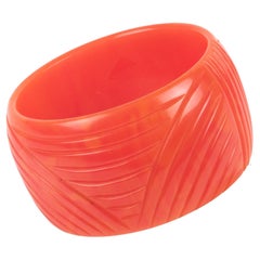 Vintage Carved Bakelite Bracelet Bangle Tequila Sunrise Pink Marble