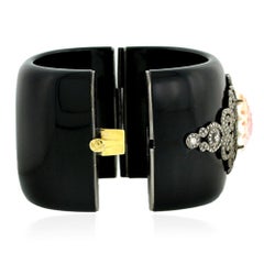 Black Bakelite Cuff With Carved Flower Motif & Pave Diamond In 18k Gold & Silver
