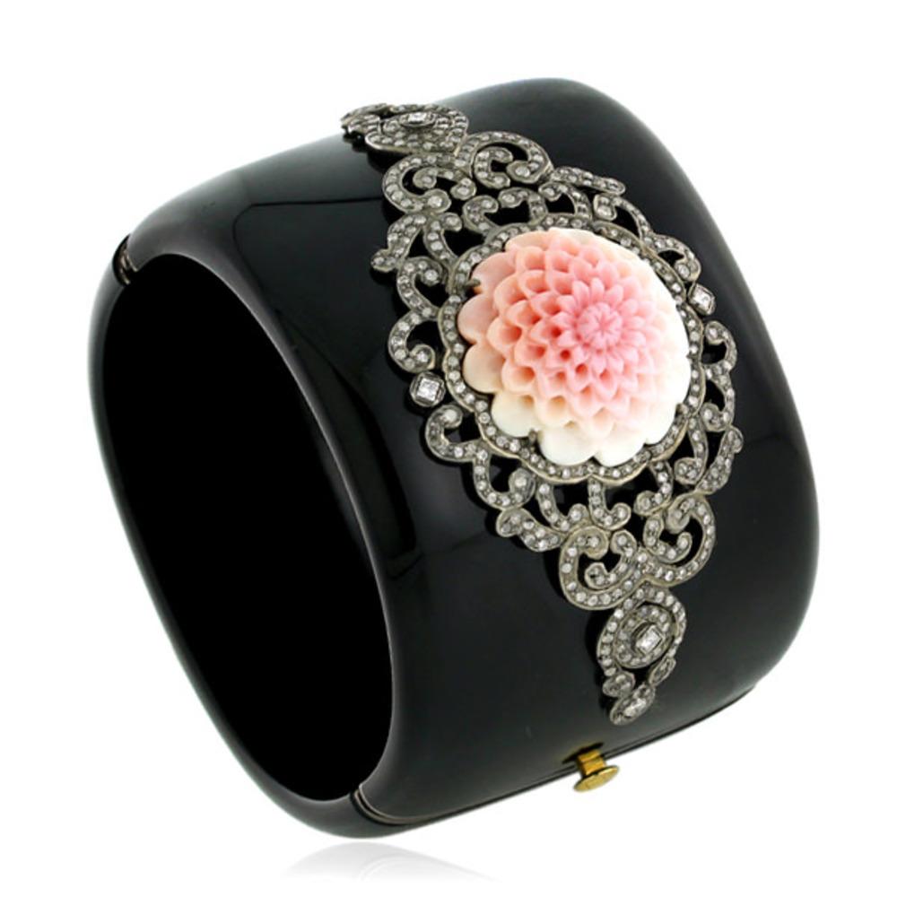 Art Nouveau Black Bakelite Cuff With Carved Flower Motif & Pave Diamond In 18k Gold & Silver For Sale