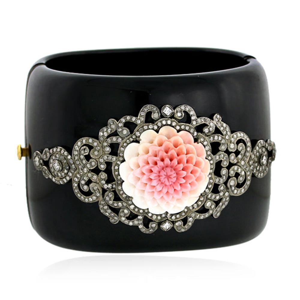 Mixed Cut Black Bakelite Cuff With Carved Flower Motif & Pave Diamond In 18k Gold & Silver For Sale