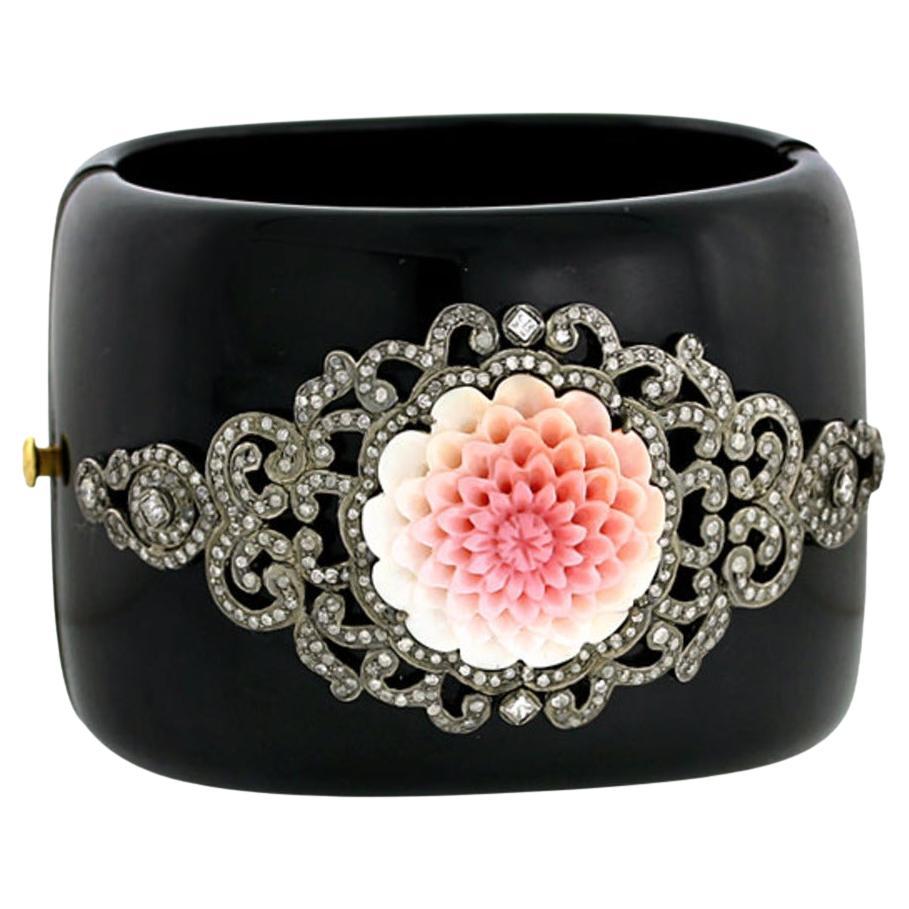 Black Bakelite Cuff With Carved Flower Motif & Pave Diamond In 18k Gold & Silver For Sale