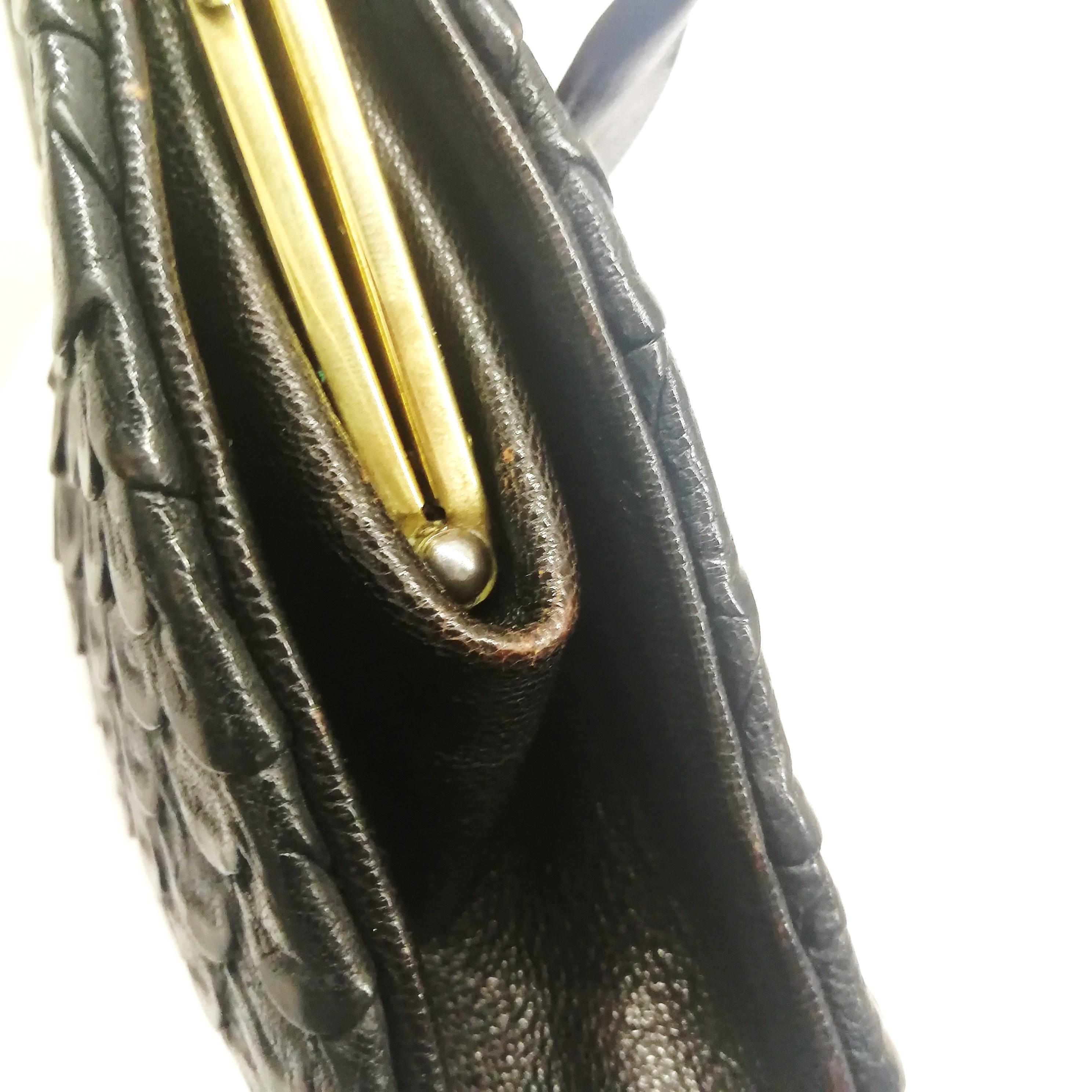 Carved Bakelite, exotic black leather handbag, by Salisbury's, English, 1930s 9