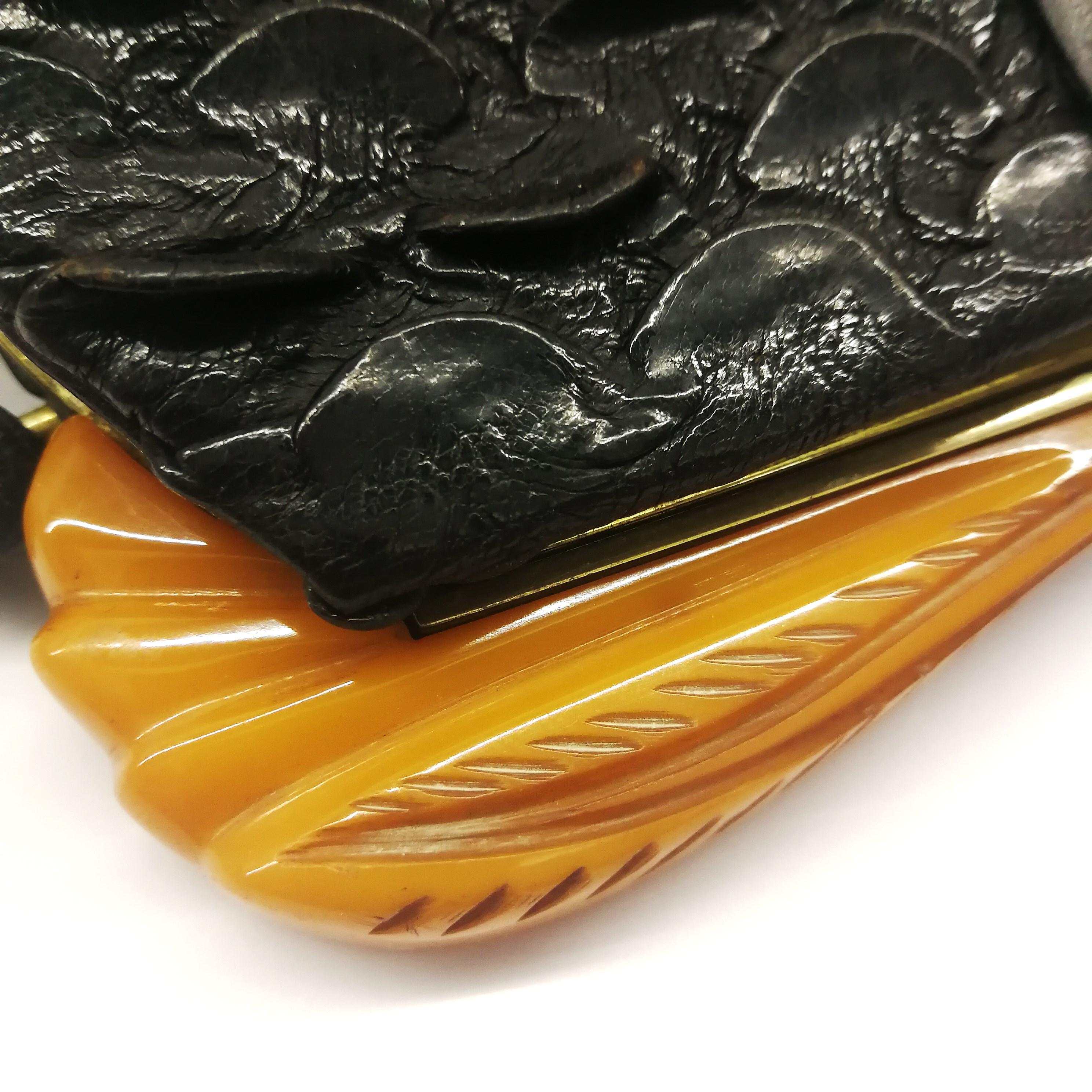 Carved Bakelite, exotic black leather handbag, by Salisbury's, English, 1930s 2