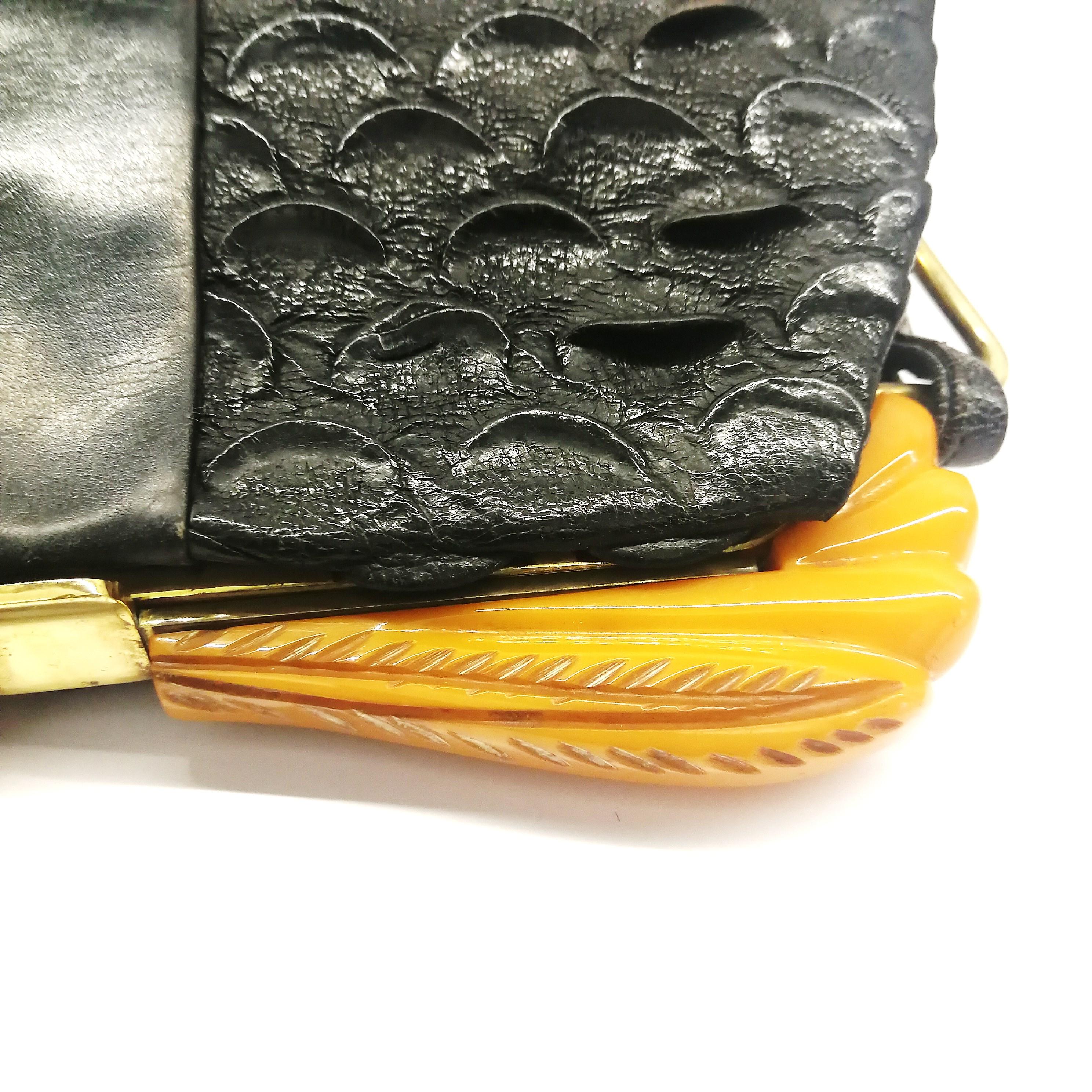 Carved Bakelite, exotic black leather handbag, by Salisbury's, English, 1930s 3