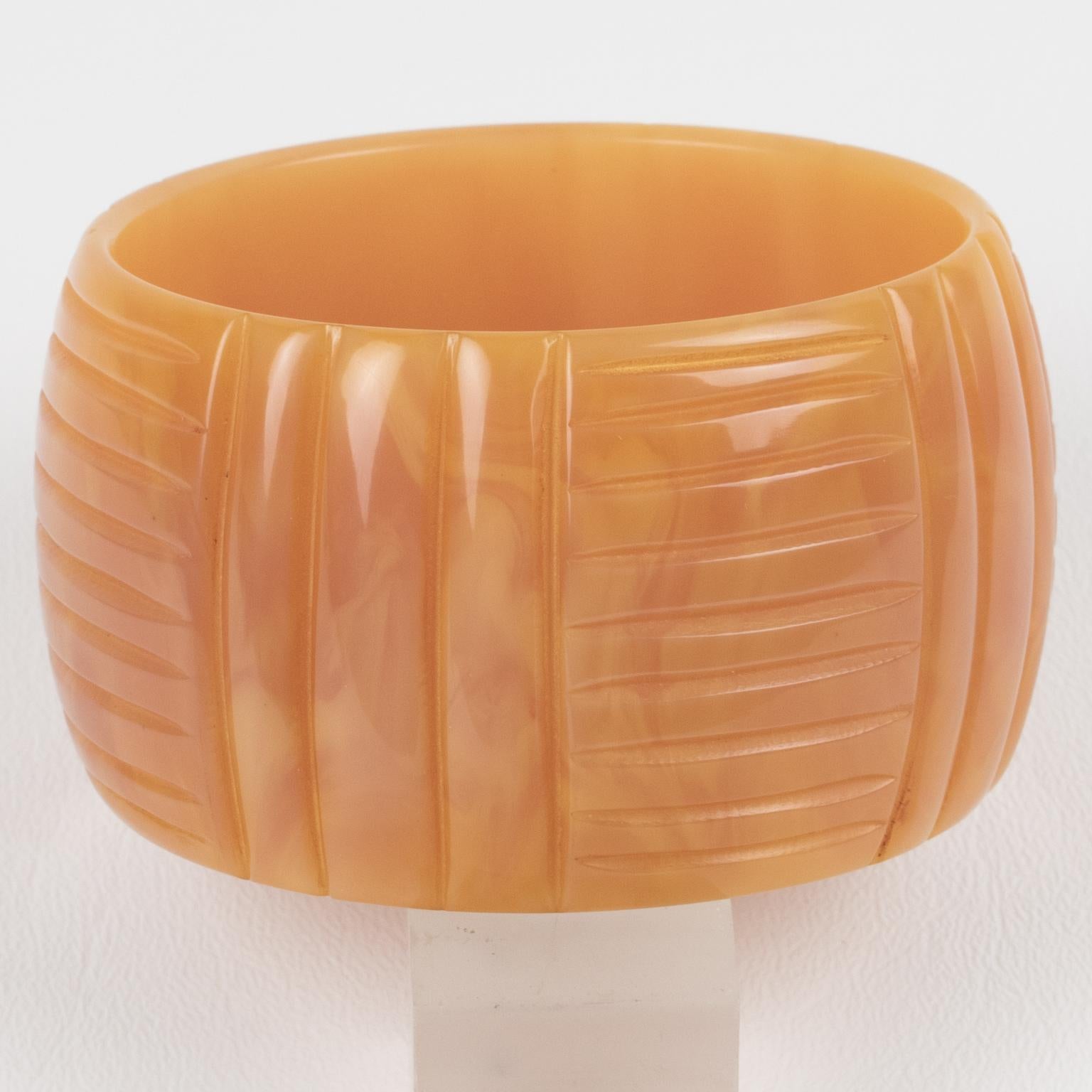 Art Deco Milky Pink Bakelite Bracelet with Geometric Carving For Sale