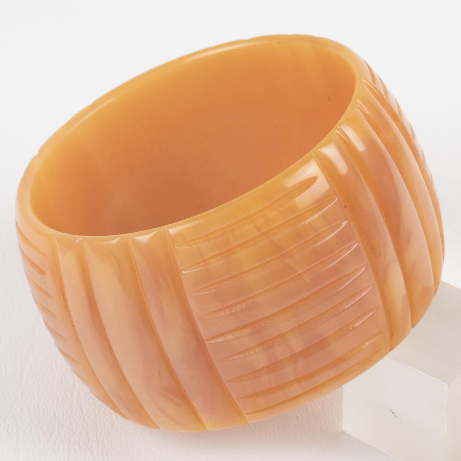 Women's Milky Pink Bakelite Bracelet with Geometric Carving For Sale
