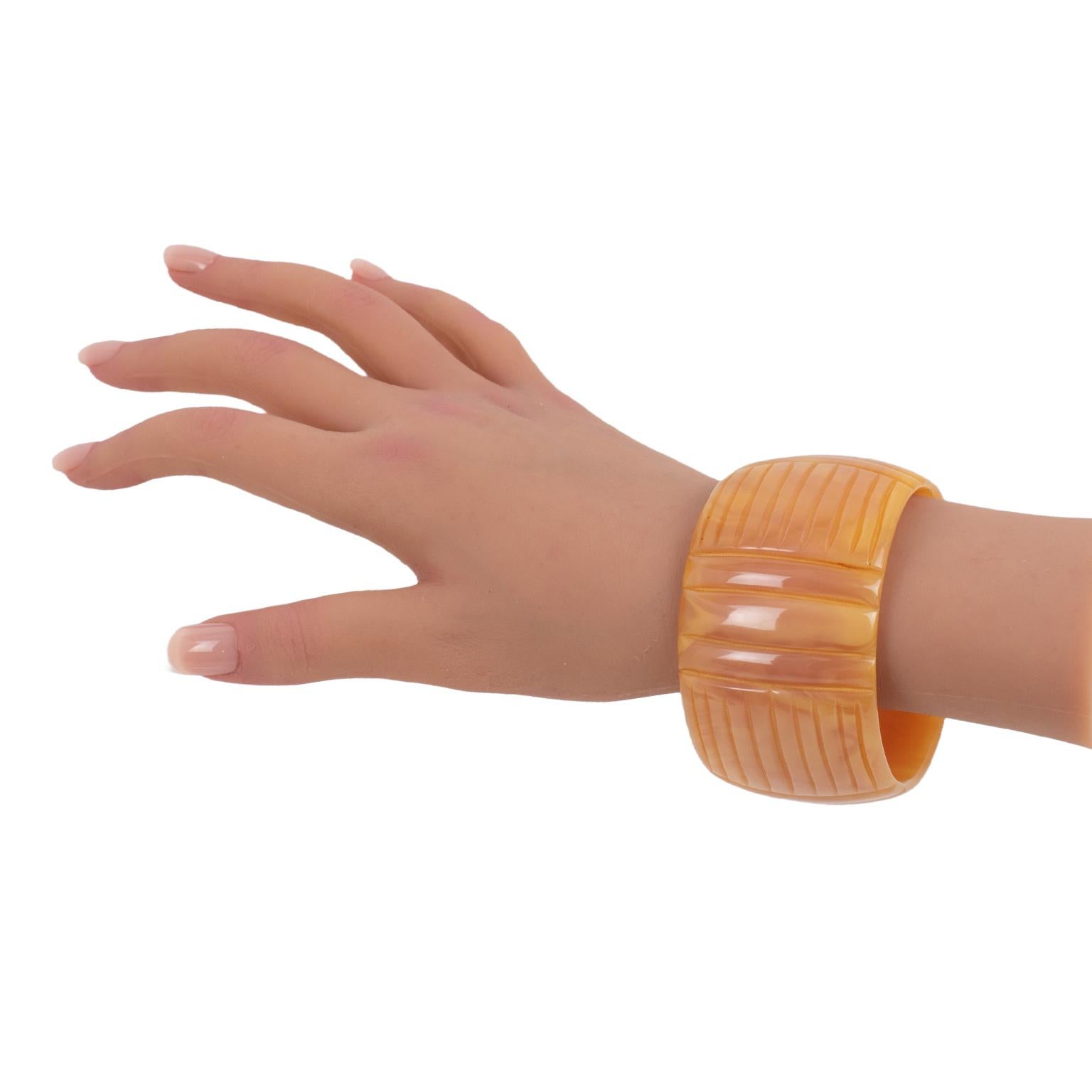 Milky Pink Bakelite Bracelet with Geometric Carving For Sale 3