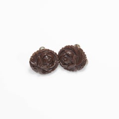 Carved Bakelite Rose Earrings in Dark Brown, Silver Tone Screwback Closure