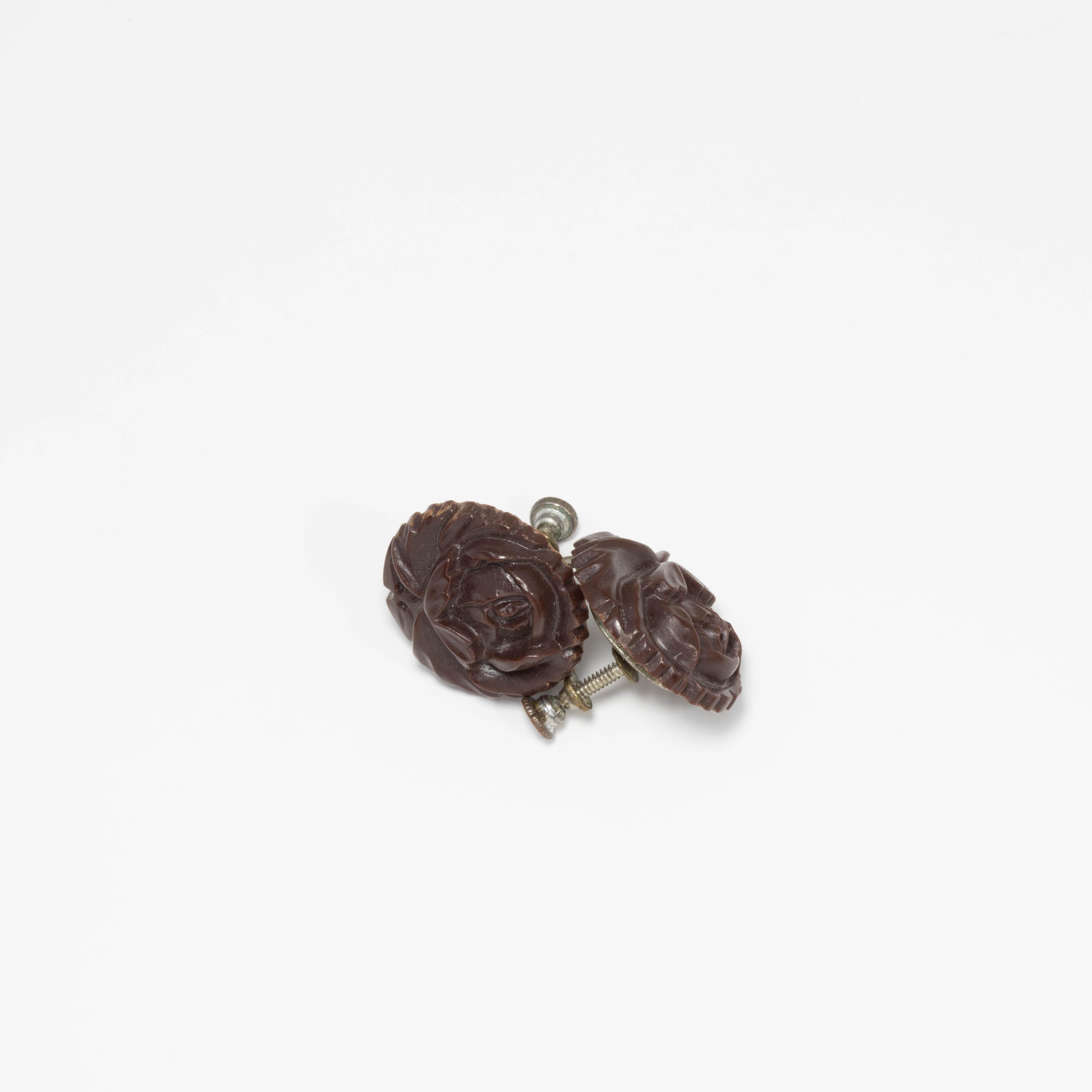 Retro Carved Bakelite Rose Earrings in Dark Brown, Silver Tone Screwback Closure For Sale