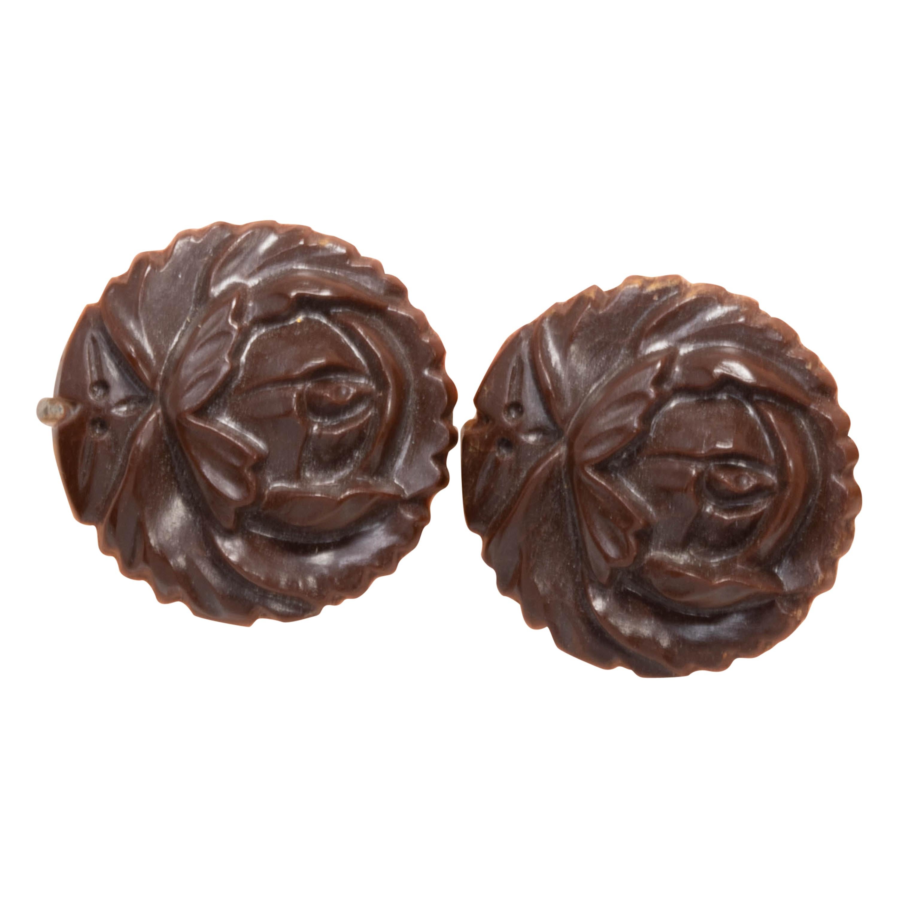 Carved Bakelite Rose Earrings in Dark Brown, Silver Tone Screwback Closure For Sale