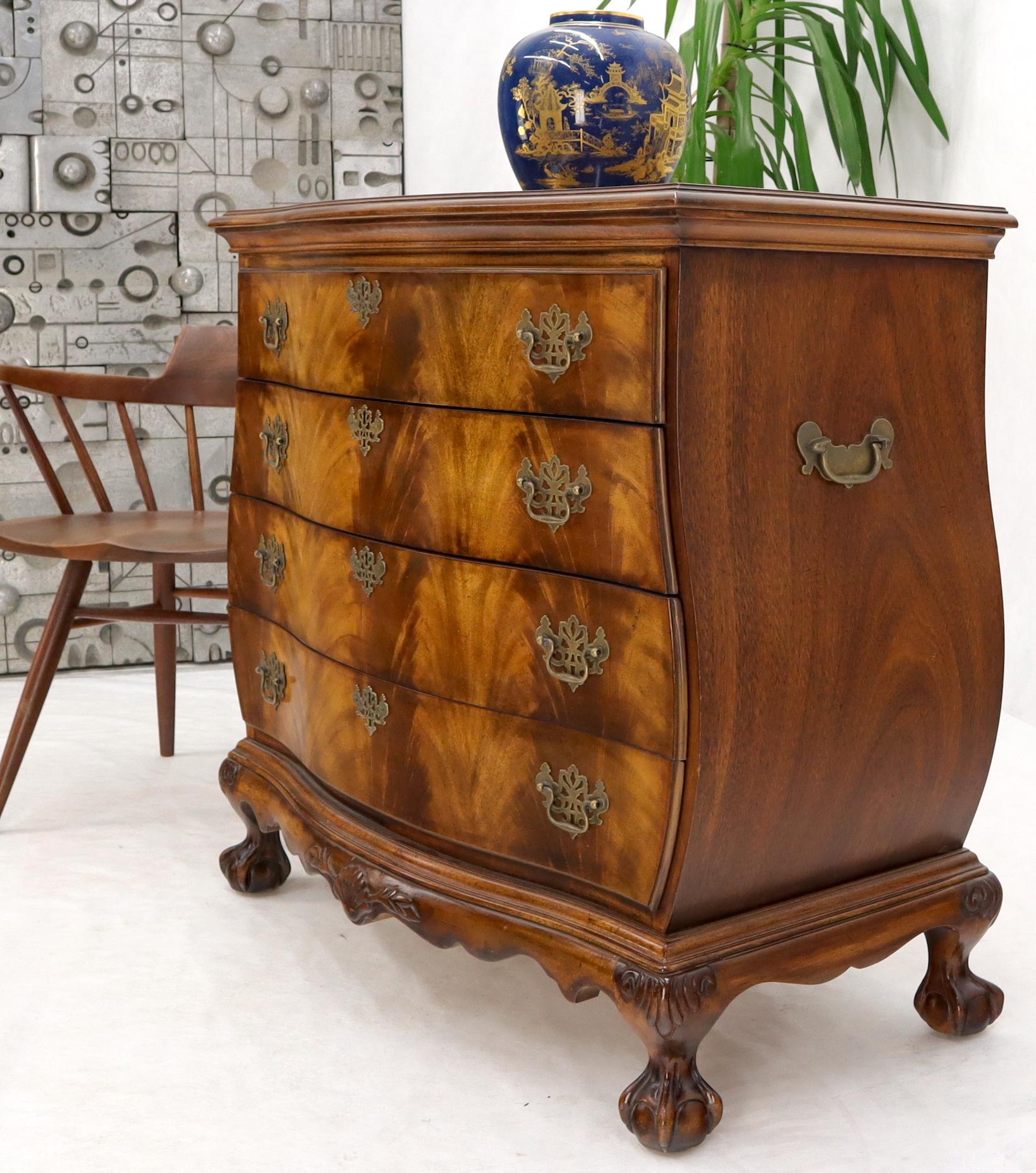 Carved Ball and Claw Feet Flame Mahogany Book Matched Dresser Bachelor Chest For Sale 2