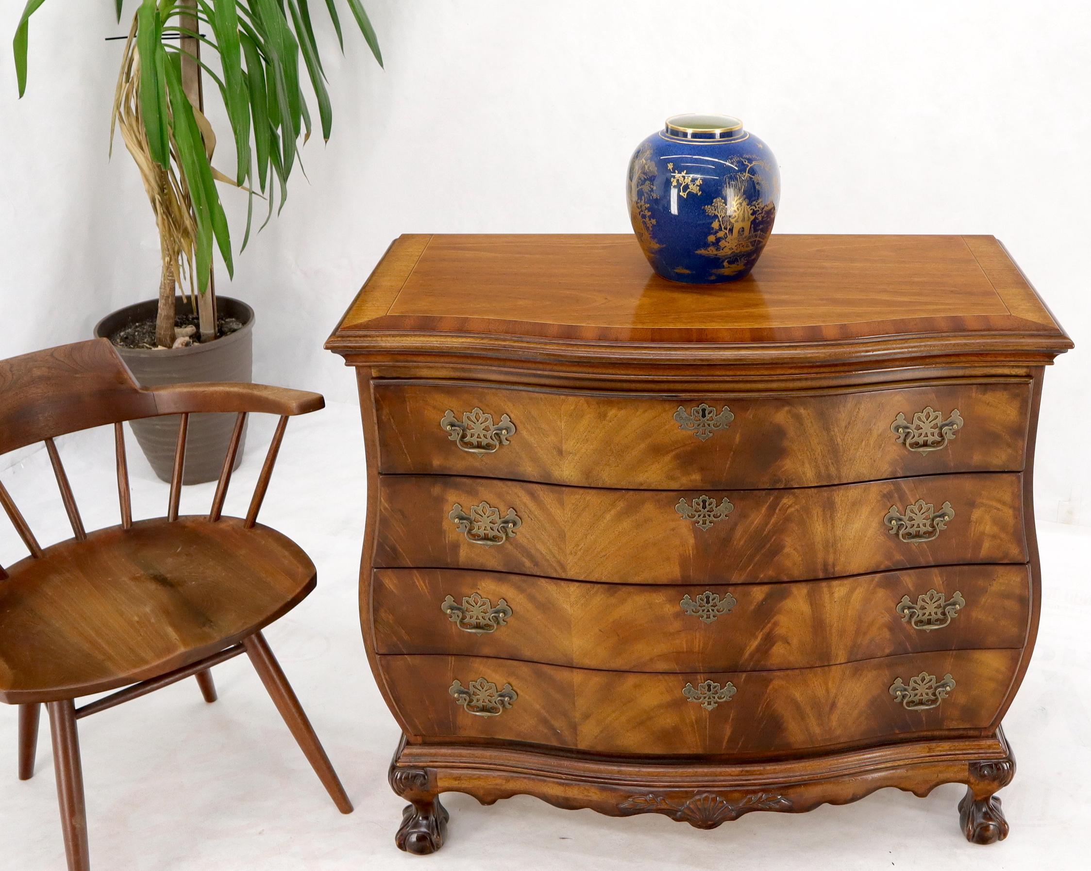 Brass Carved Ball and Claw Feet Flame Mahogany Book Matched Dresser Bachelor Chest For Sale