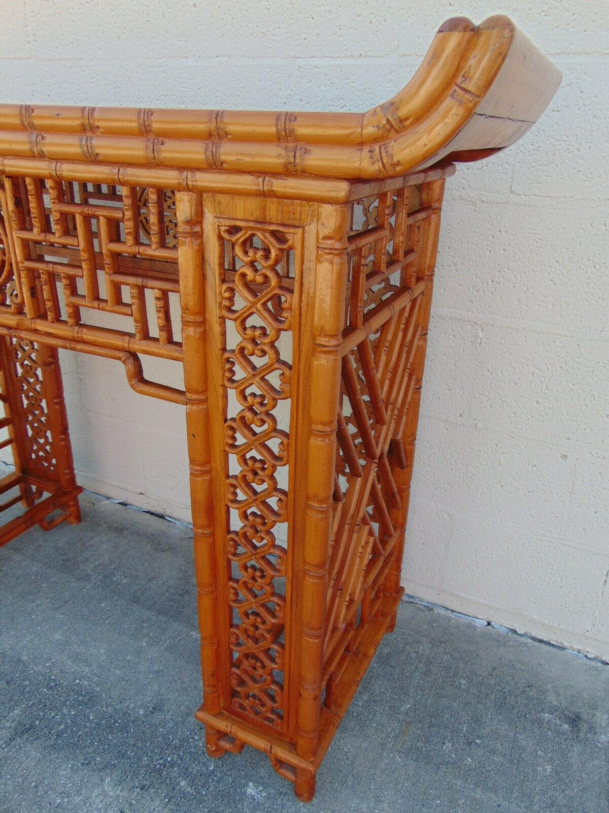 Chinese Chippendale Carved Bamboo and Fretwork Altar Console Table For Sale