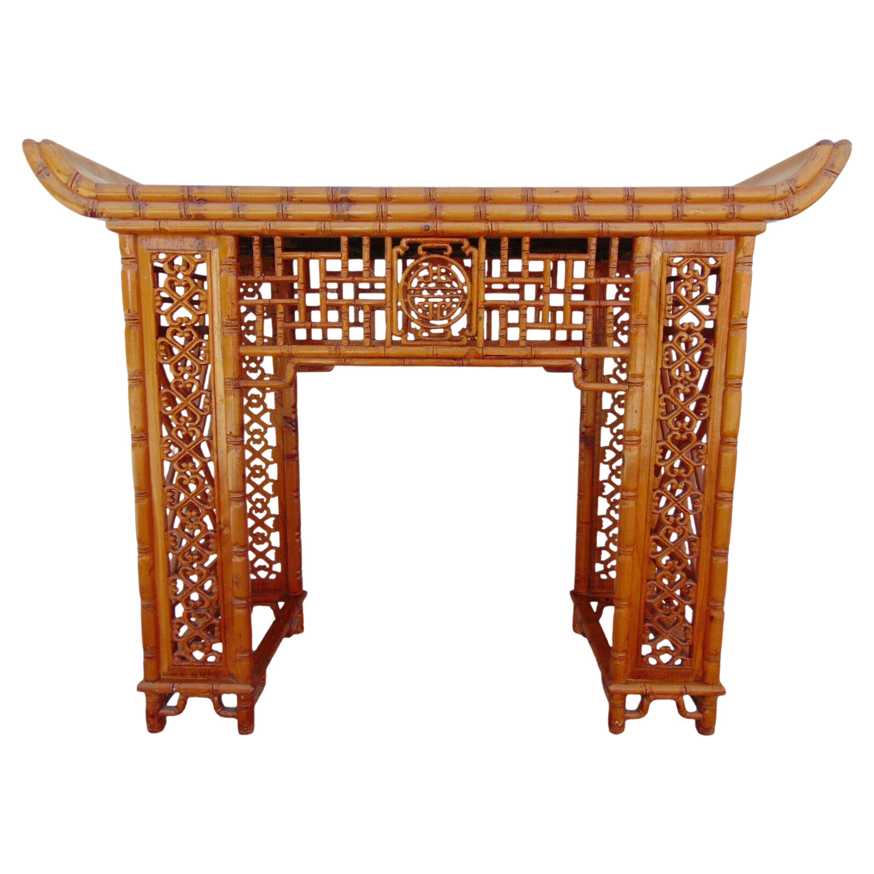 Carved Bamboo and Fretwork Altar Console Table For Sale