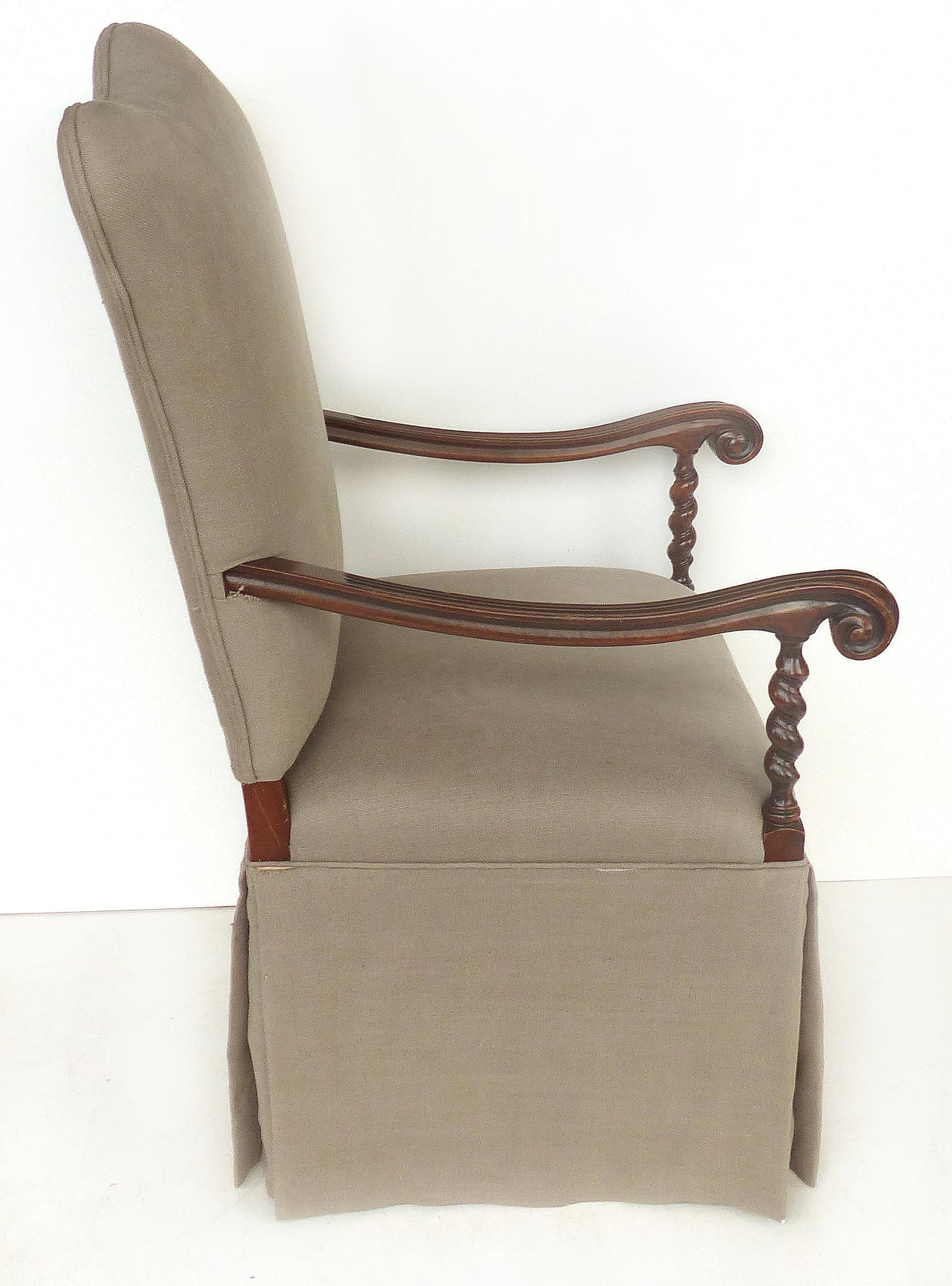 American Carved Barley Twist Armchair, Upholstered Seat and Back For Sale