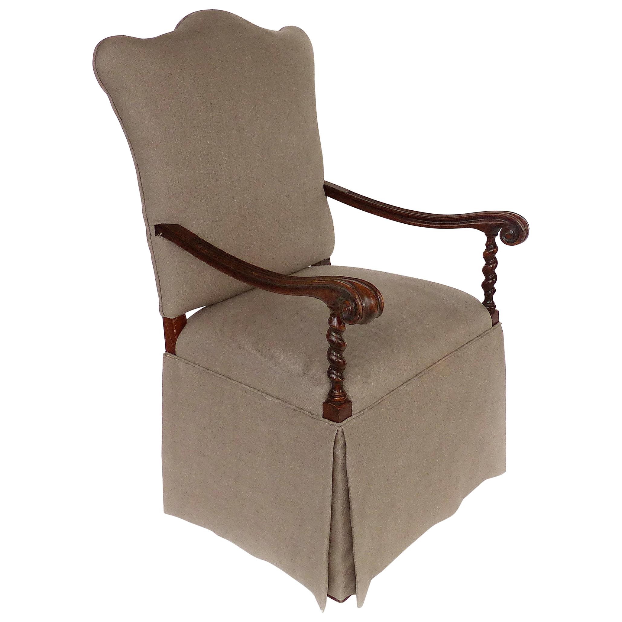 Carved Barley Twist Armchair, Upholstered Seat and Back For Sale