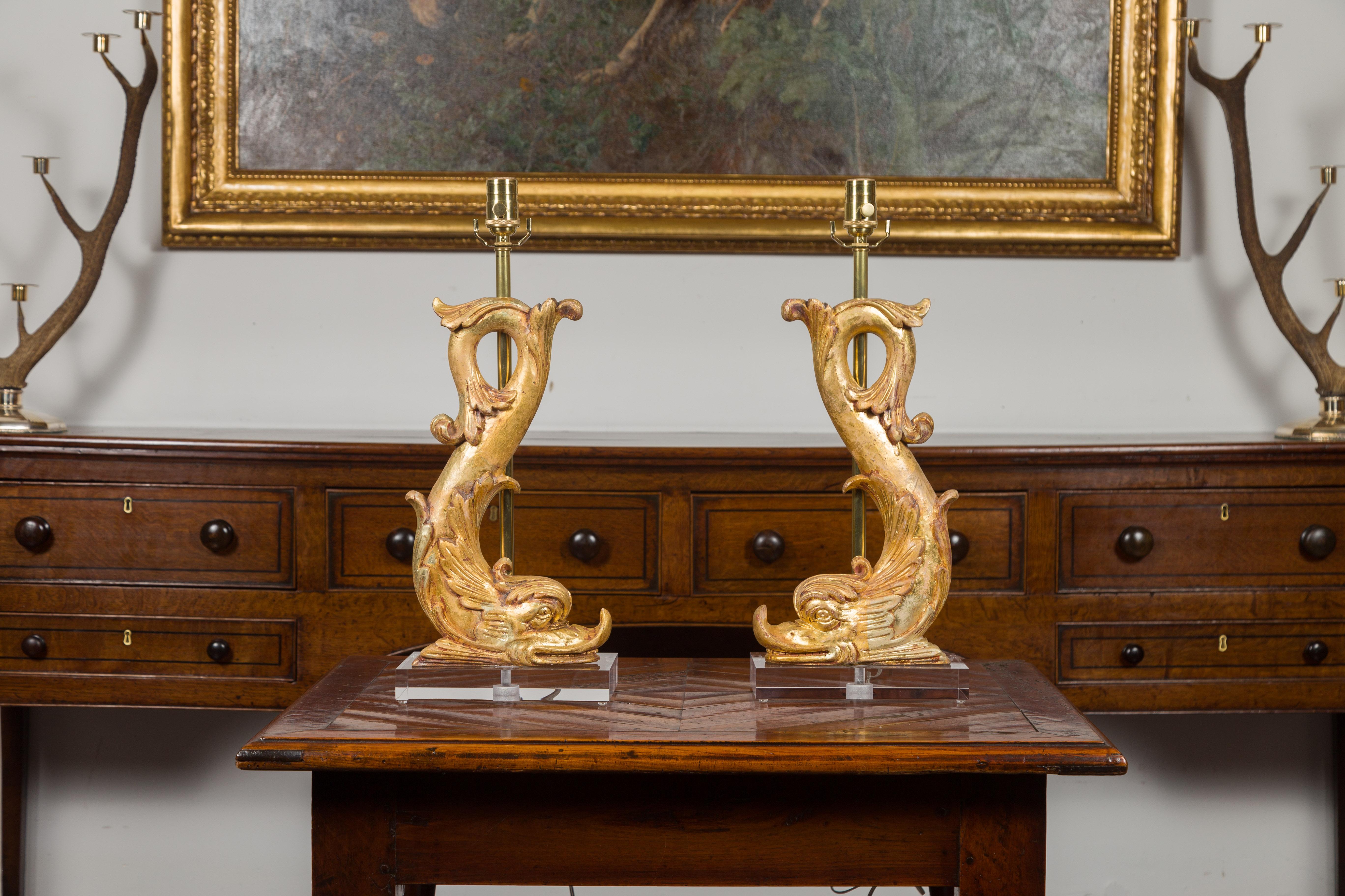 French Carved Baroque Style Italian 19th Century Dolphin Fragments Made into Lamps