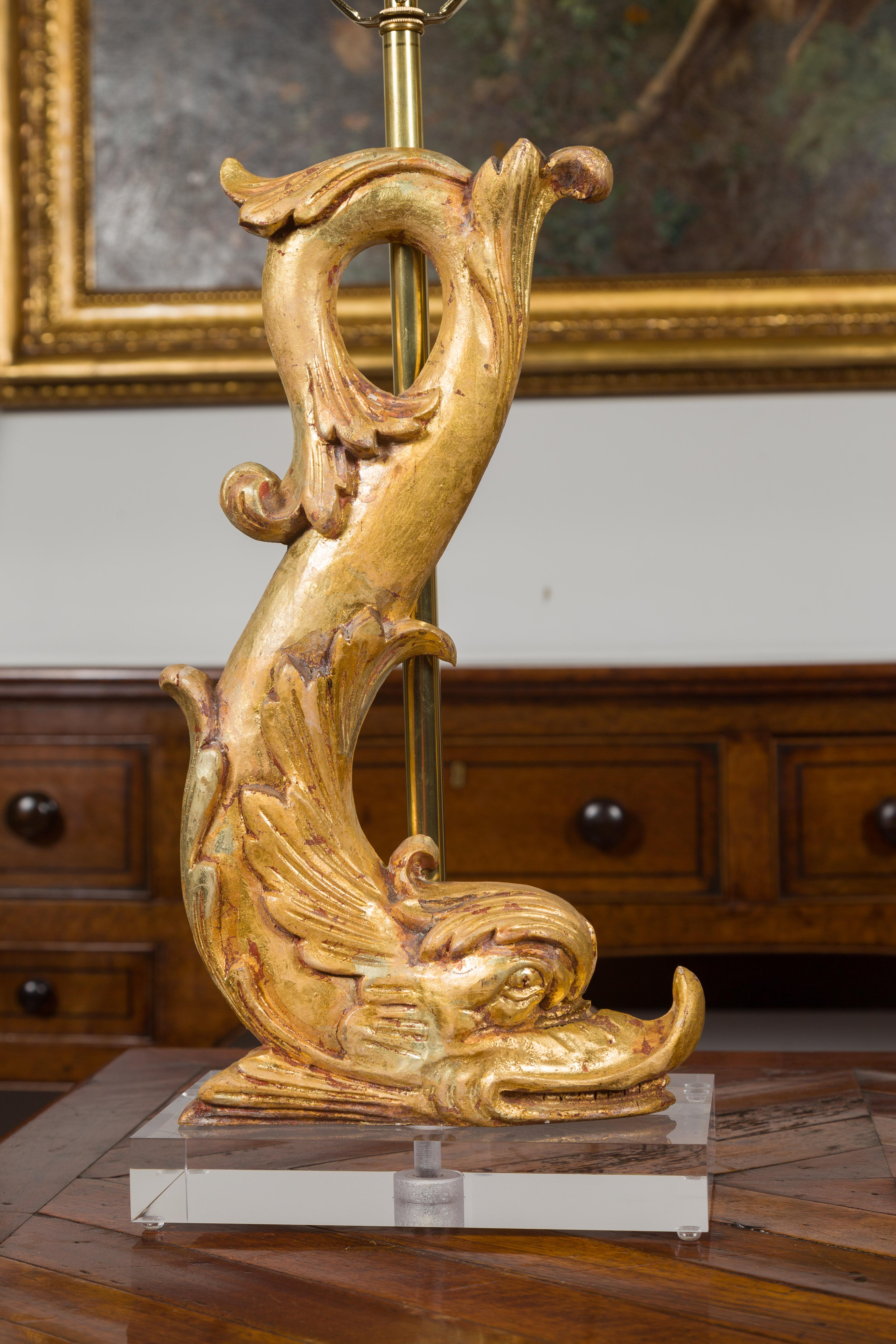 Giltwood Carved Baroque Style Italian 19th Century Dolphin Fragments Made into Lamps