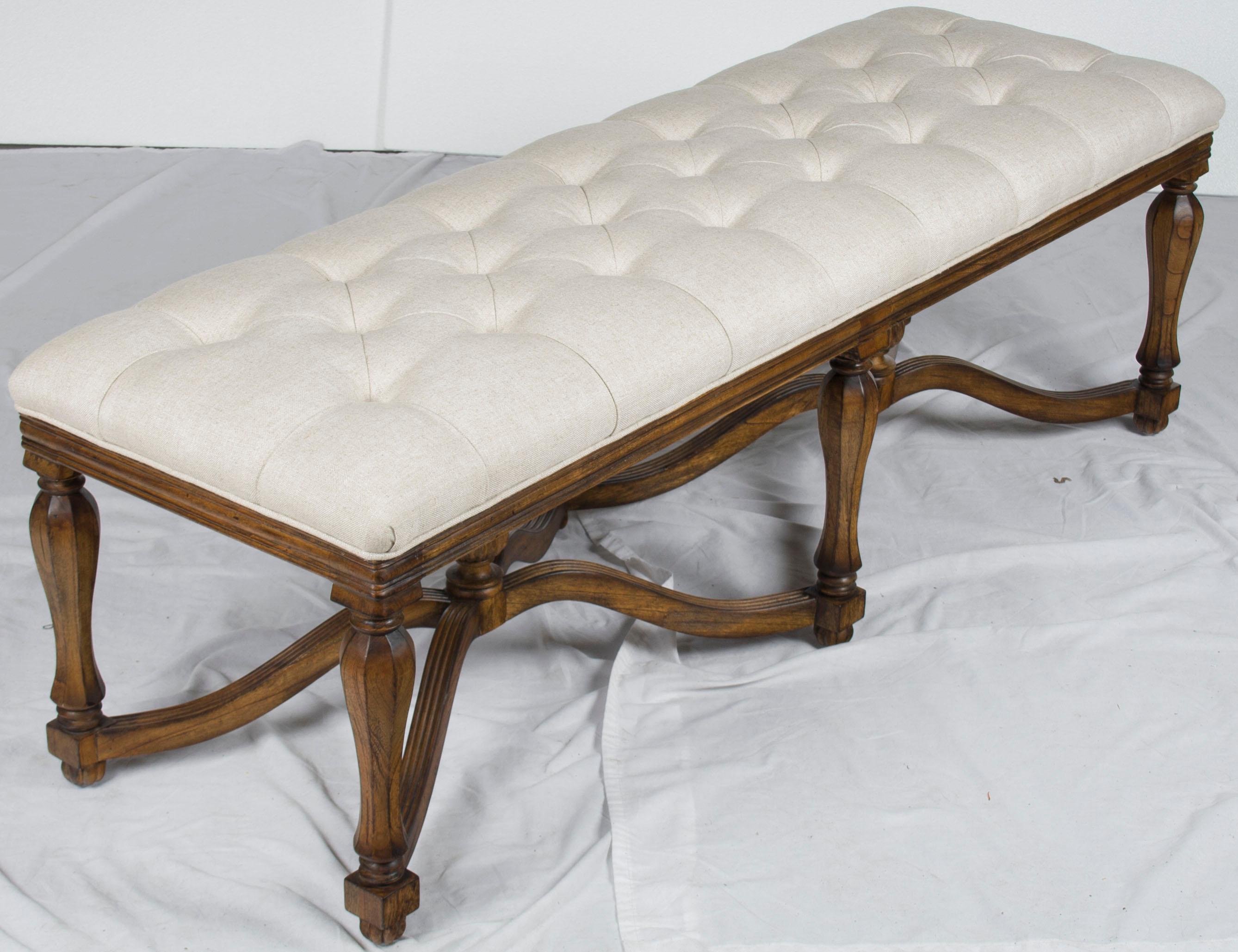 French Provincial Carved Base Tufted Linen Upholstered Long End of Bed Bench For Sale