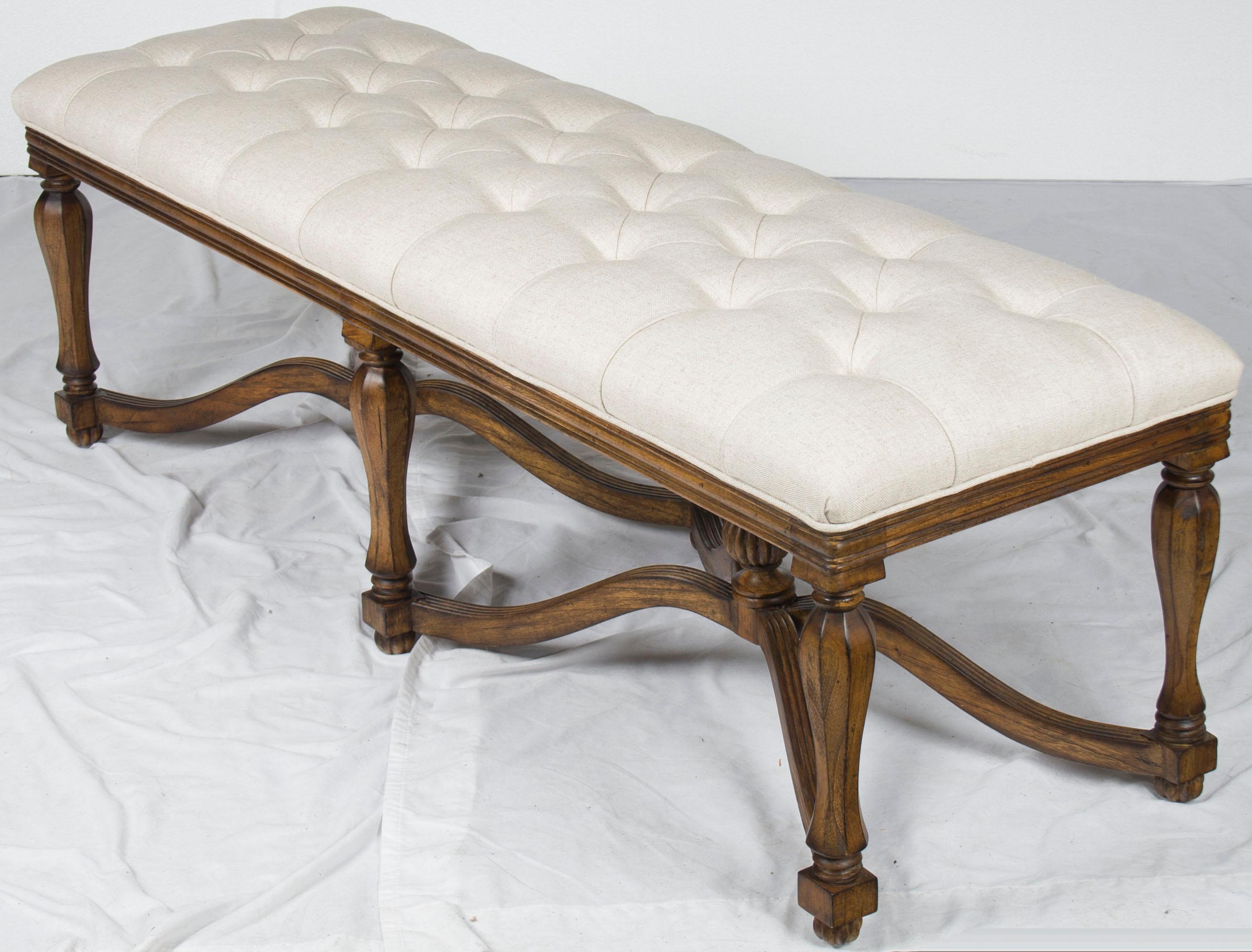 Philippine Carved Base Tufted Linen Upholstered Long End of Bed Bench For Sale