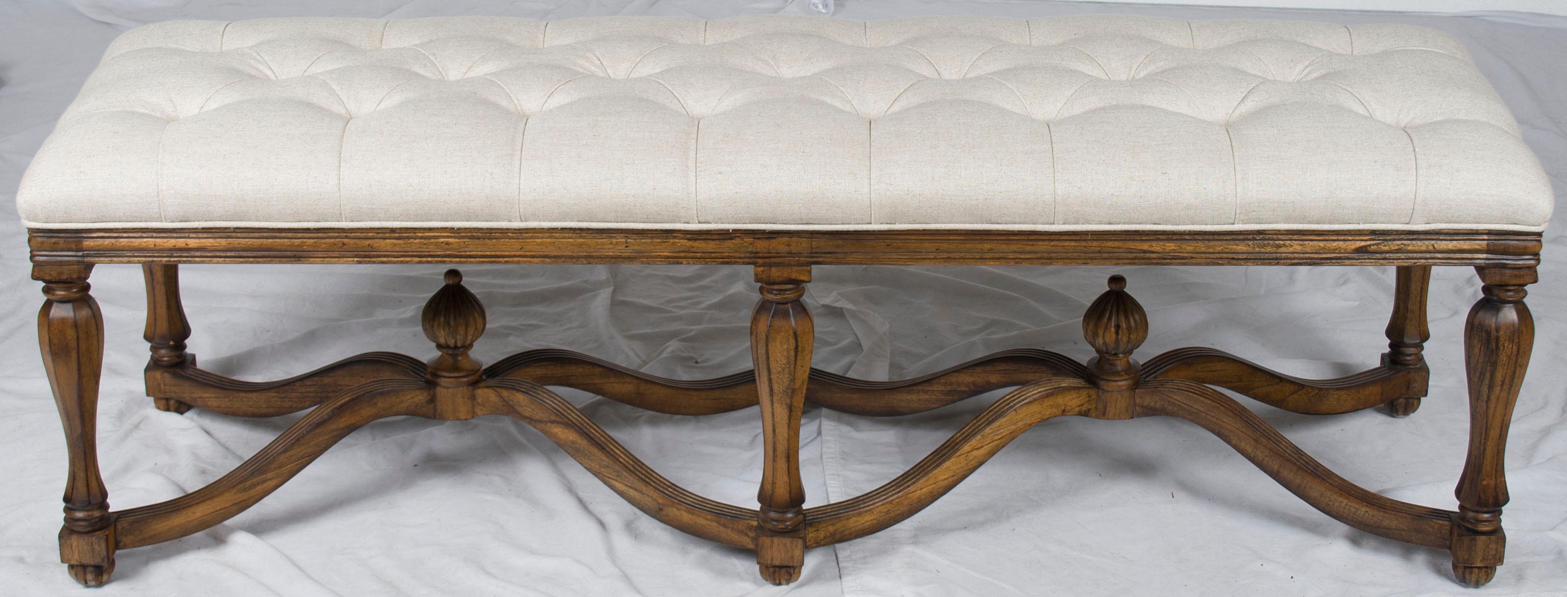 Carved Base Tufted Linen Upholstered Long End of Bed Bench In New Condition For Sale In Atlanta, GA
