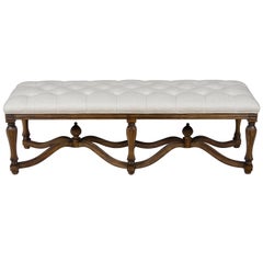 Carved Base Tufted Linen Upholstered Long End of Bed Bench