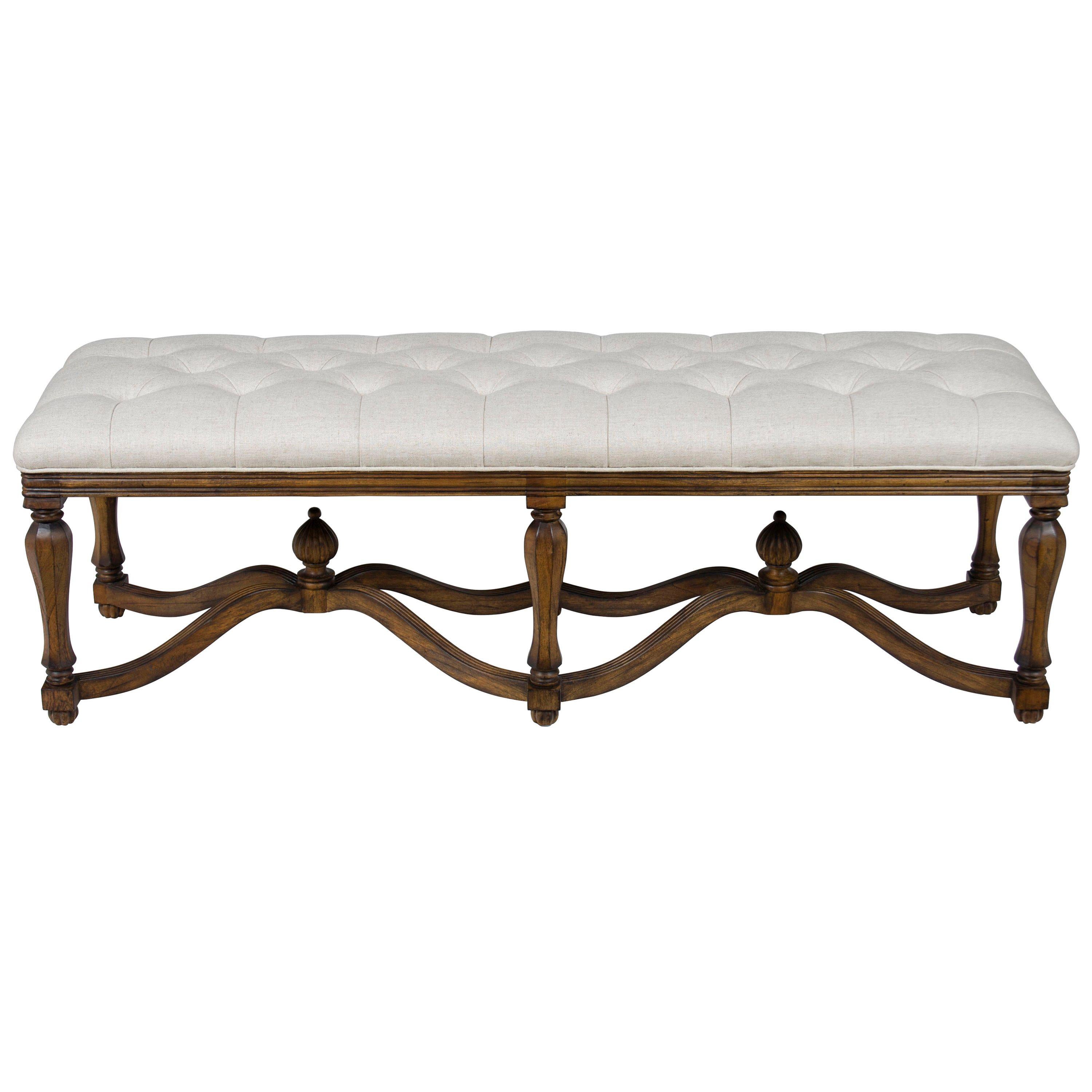 Carved Base Tufted Linen Upholstered Long End of Bed Bench For Sale