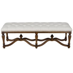 Carved Base Tufted Linen Upholstered Long End of Bed Bench