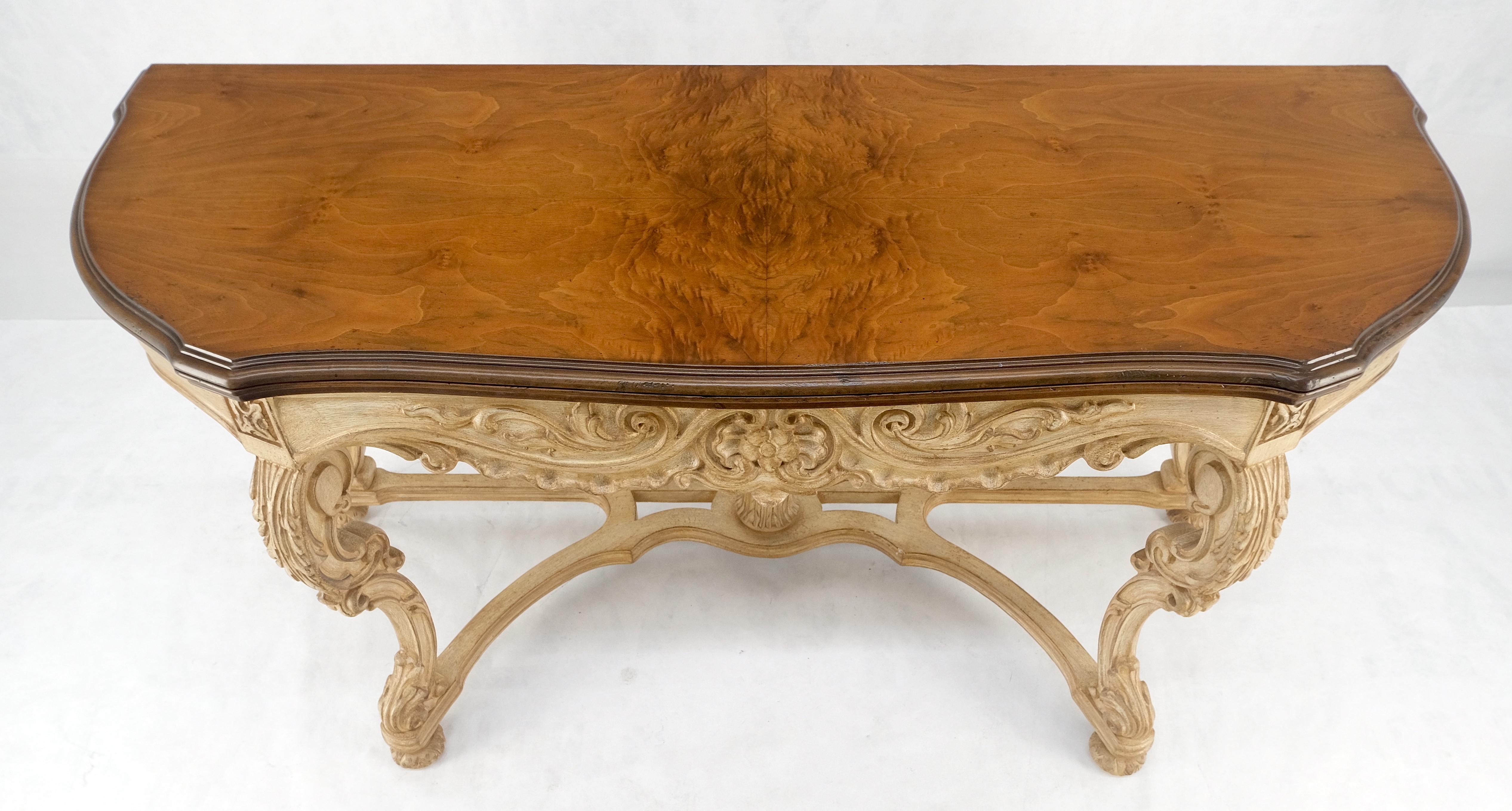 Carved Base Two Tone Burl Walnut Convertible Console Sofa Dining Table MINT In Excellent Condition For Sale In Rockaway, NJ