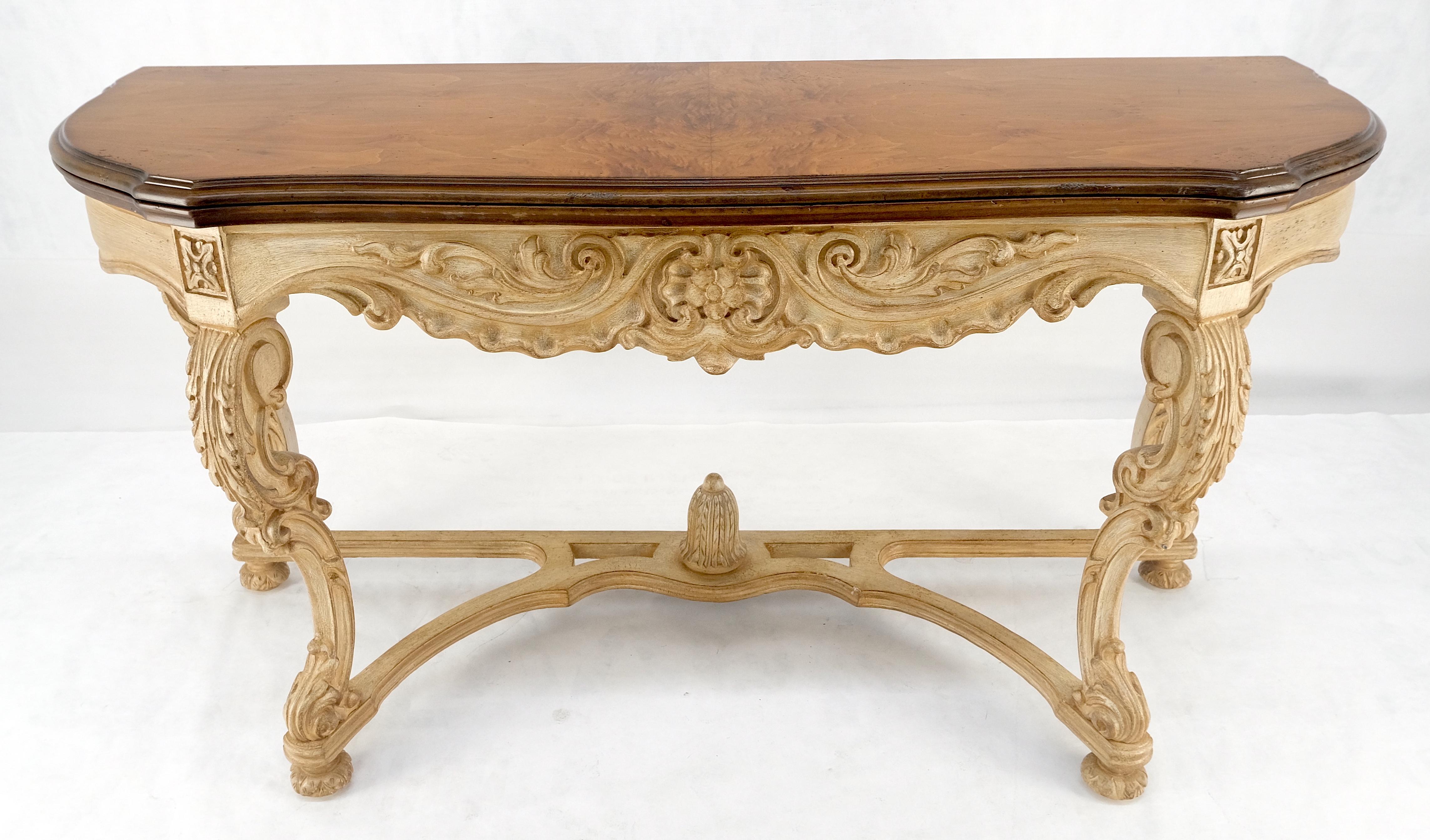 20th Century Carved Base Two Tone Burl Walnut Convertible Console Sofa Dining Table MINT For Sale