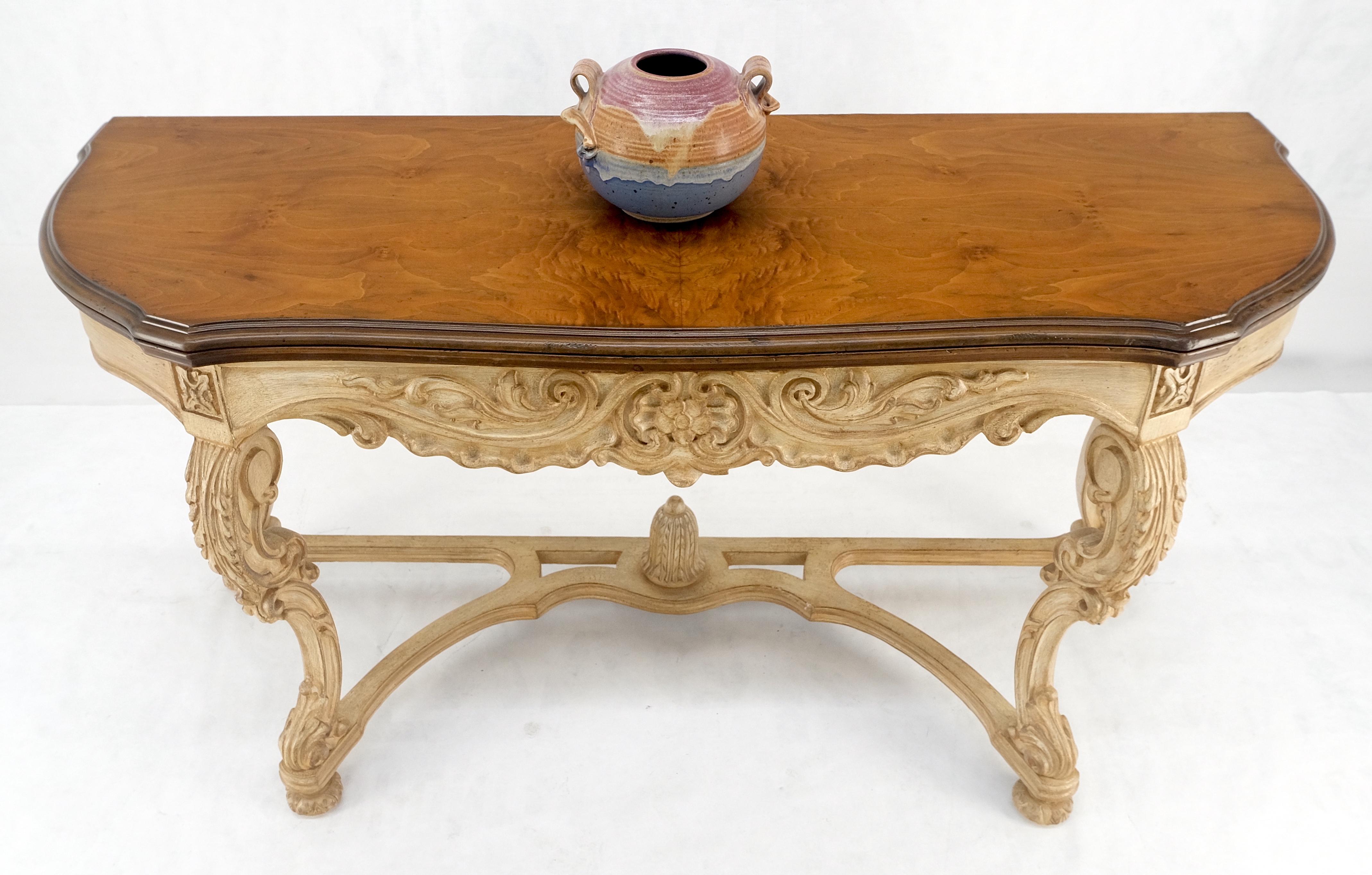 Carved Base Two Tone Burl Walnut Convertible Console Sofa Dining Table MINT For Sale 4